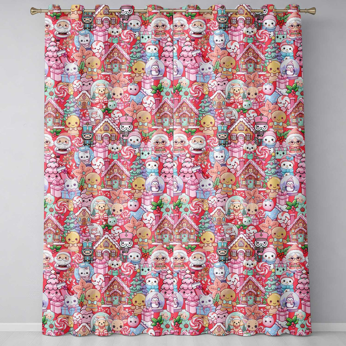 Cute Kawaii Christmas Gingerbread Candy Characters Festive Seamless Pattern Readymade Eyelet Ring Top Thermal 100% Blackout Curtains