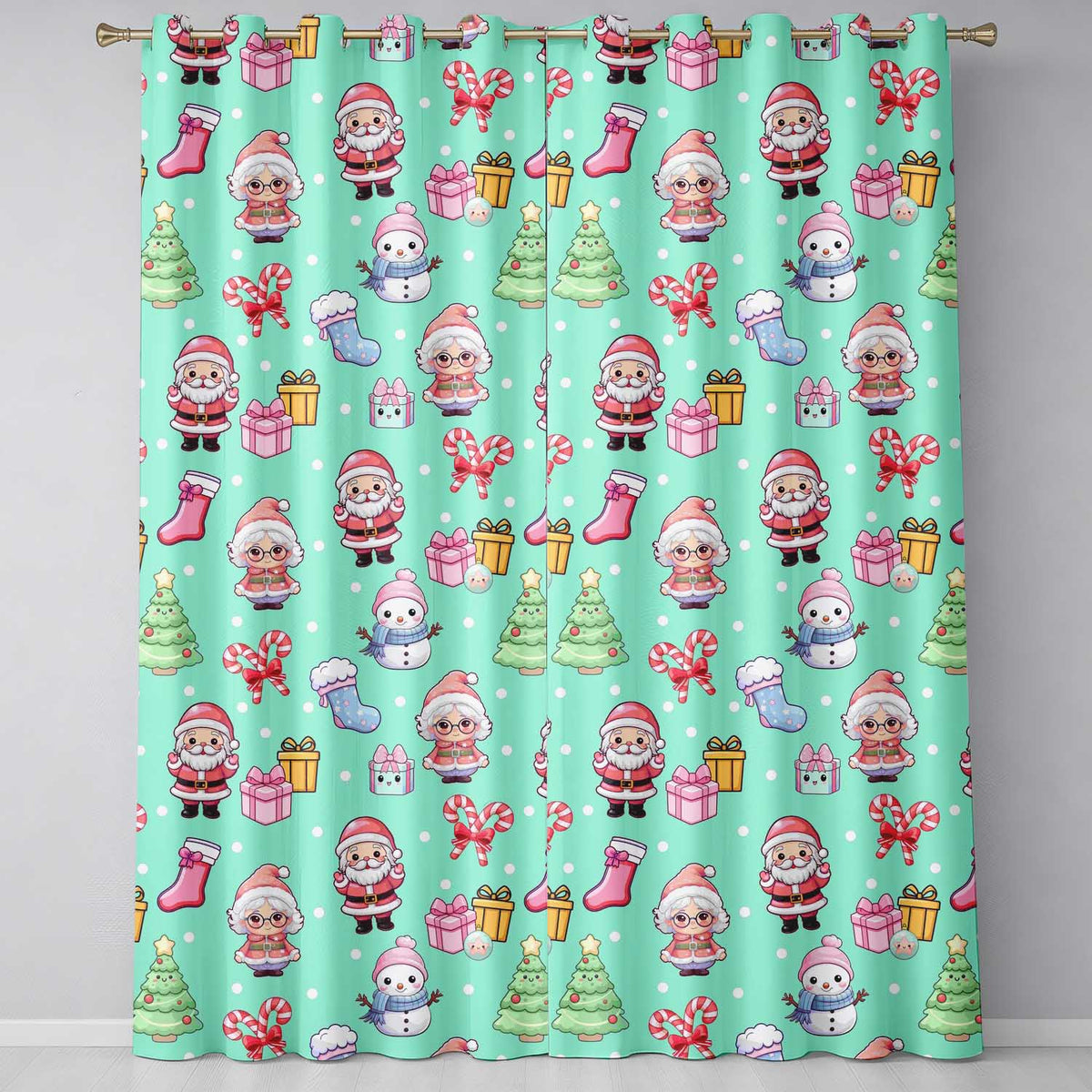 Cute Kawaii Santa Snowman Gift Characters Mint Green Background Seamless Pattern Readymade Eyelet Ring Top Thermal 100% Blackout Curtains