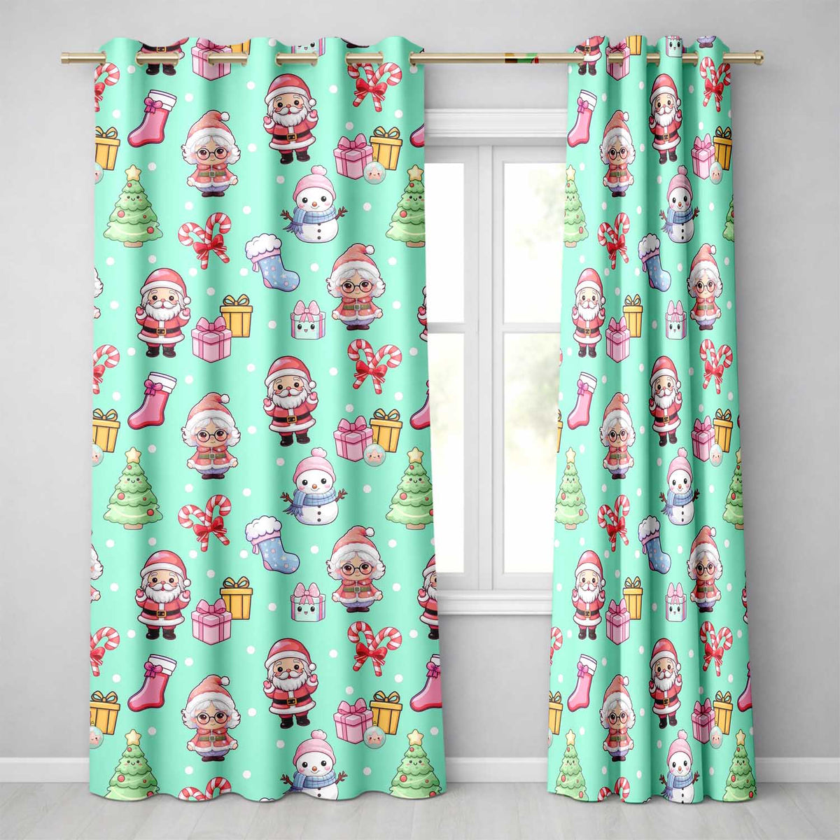 Cute Kawaii Santa Snowman Gift Characters Mint Green Background Seamless Pattern Readymade Eyelet Ring Top Thermal 100% Blackout Curtains