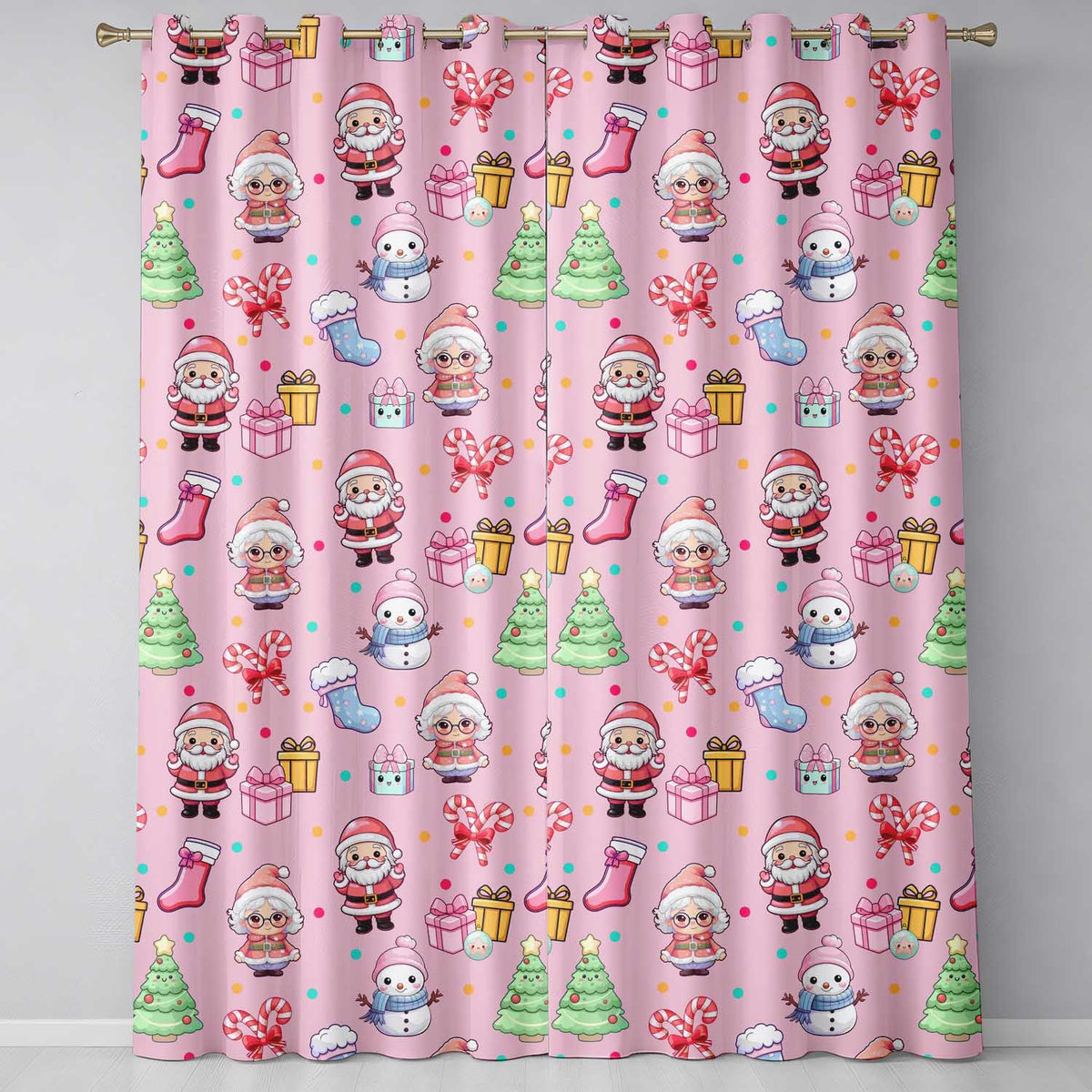 Cute Kawaii Santa Snowman Gift Characters Pink Background Seamless Pattern Readymade Eyelet Ring Top Thermal 100% Blackout Curtains