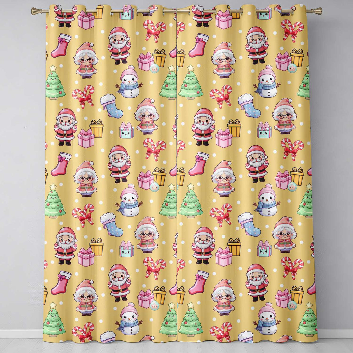 Cute Kawaii Santa Snowman Gift Characters Warm Beige Background Seamless Pattern Readymade Eyelet Ring Top Thermal 100% Blackout Curtains