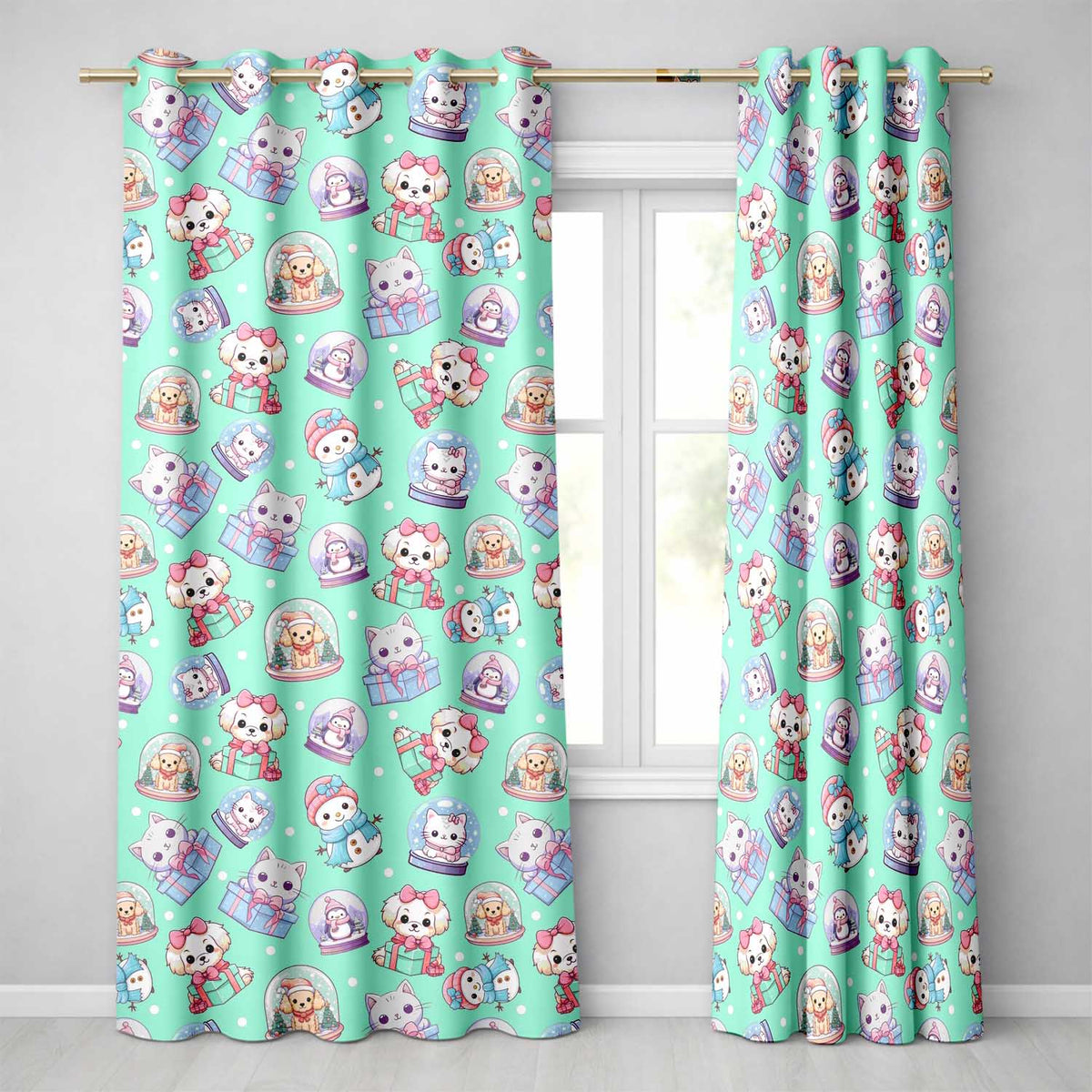 Cute Kawaii Christmas Pets Snow Globe Gifts Mint Background Seamless Pattern Readymade Eyelet Ring Top Thermal 100% Blackout Curtains