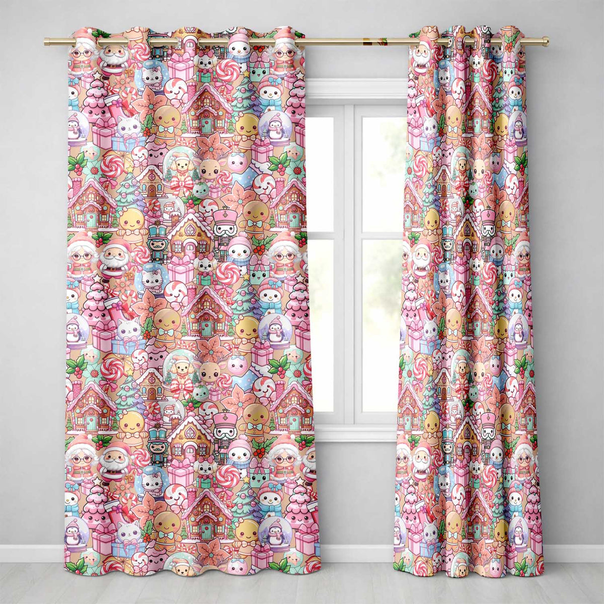 Cute Christmas Gingerbread Candy Warm Beige Seamless Pattern Readymade Eyelet Ring Top Thermal 100% Blackout Curtains