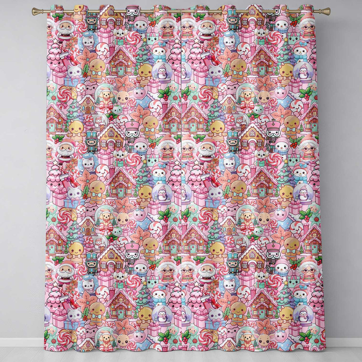 Cute Christmas Gingerbread Candy Soft Pink Background Seamless Pattern Readymade Eyelet Ring Top Thermal 100% Blackout Curtains