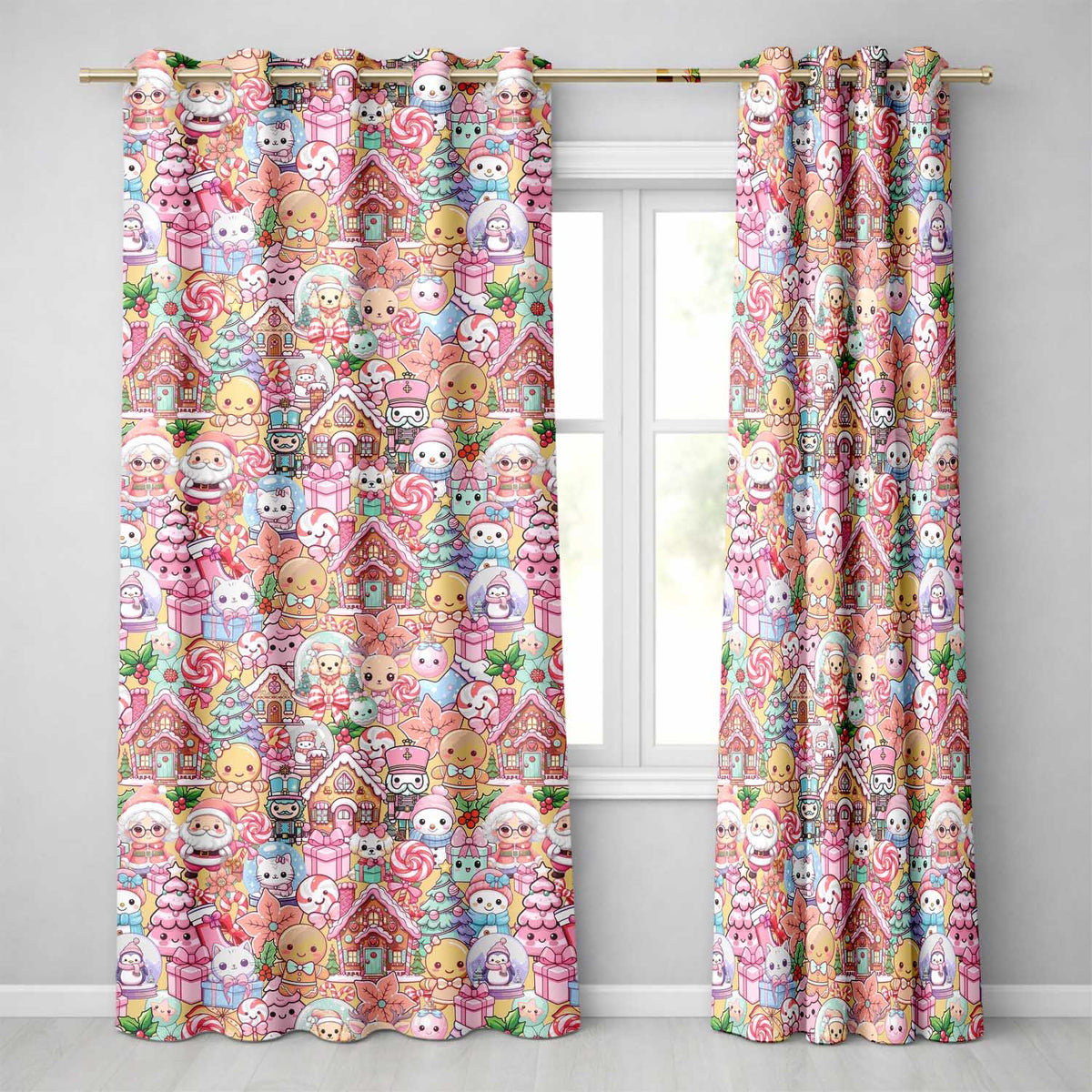 Cute Christmas Gingerbread Candy Warm Beige Background Seamless Pattern Readymade Eyelet Ring Top Thermal 100% Blackout Curtains