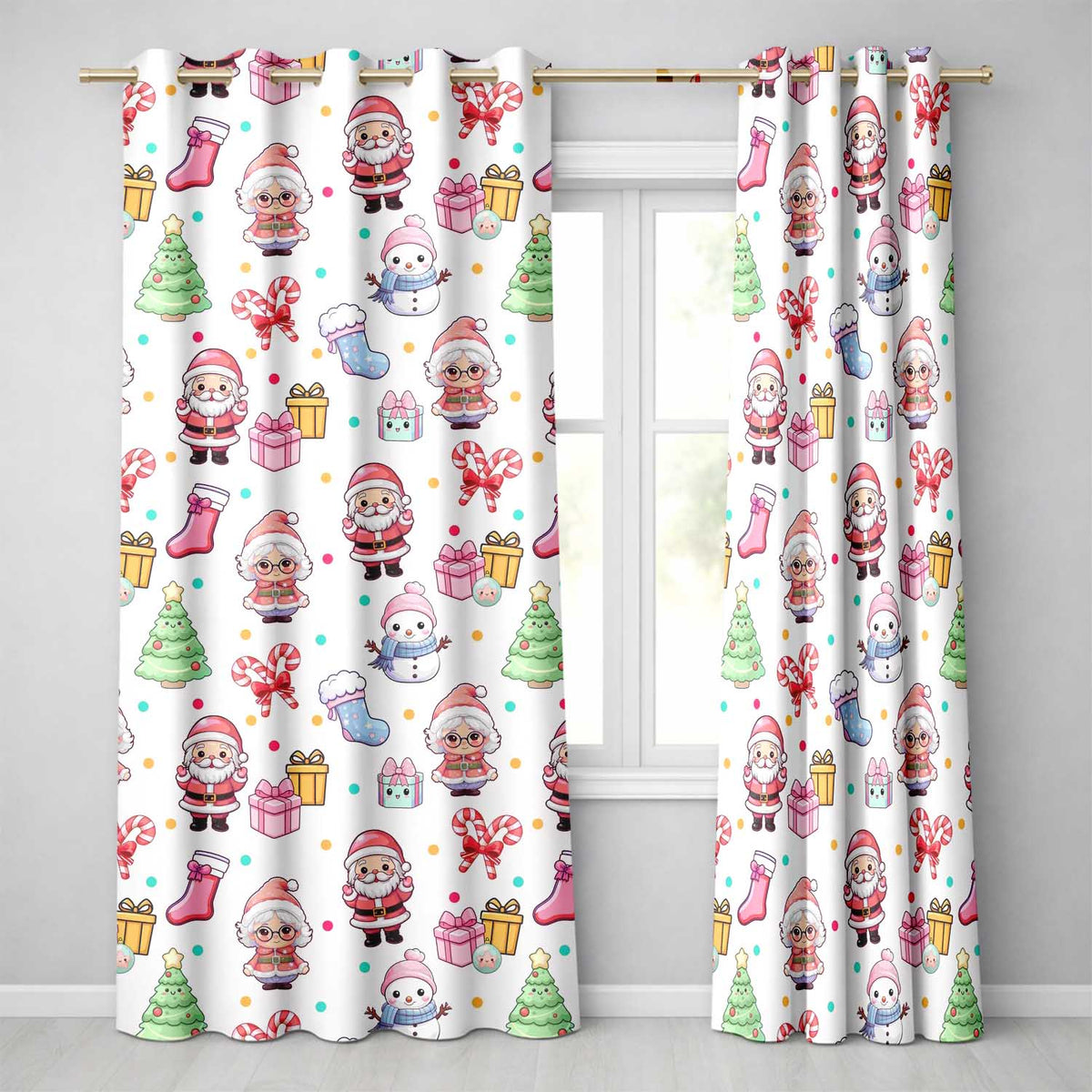 Cute Santa Snowman Gifts Candy Cane Cream Background Seamless Pattern Readymade Eyelet Ring Top Thermal 100% Blackout Curtains