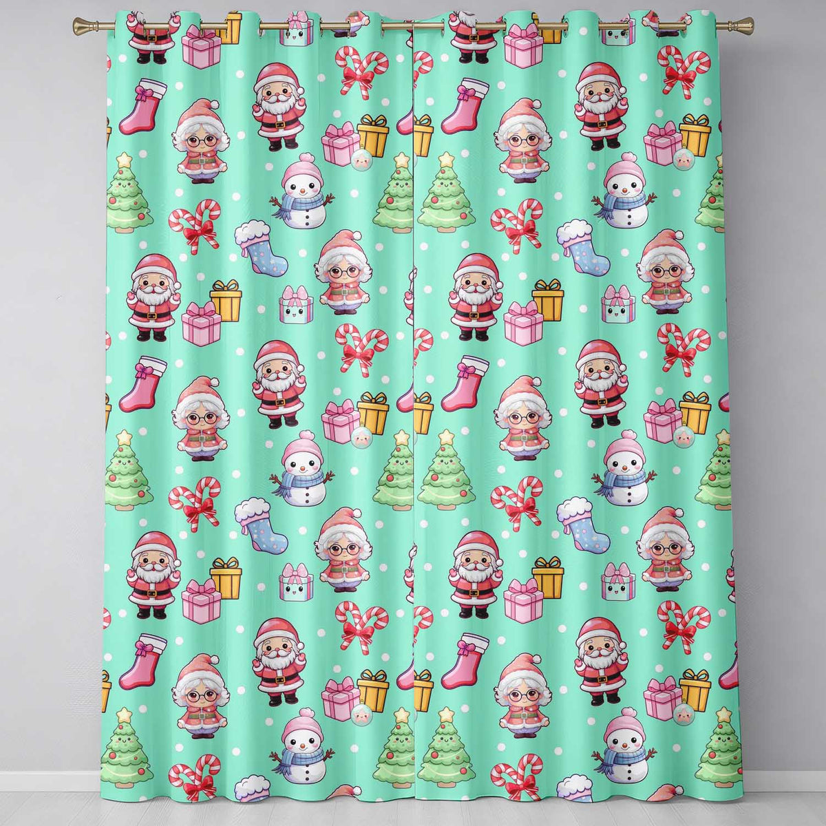 Cute Santa Snowman Gifts Candy Cane Mint Background Seamless Pattern Readymade Eyelet Ring Top Thermal 100% Blackout Curtains
