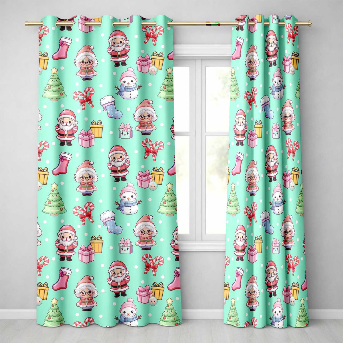 Cute Santa Snowman Gifts Candy Cane Mint Background Seamless Pattern Readymade Eyelet Ring Top Thermal 100% Blackout Curtains