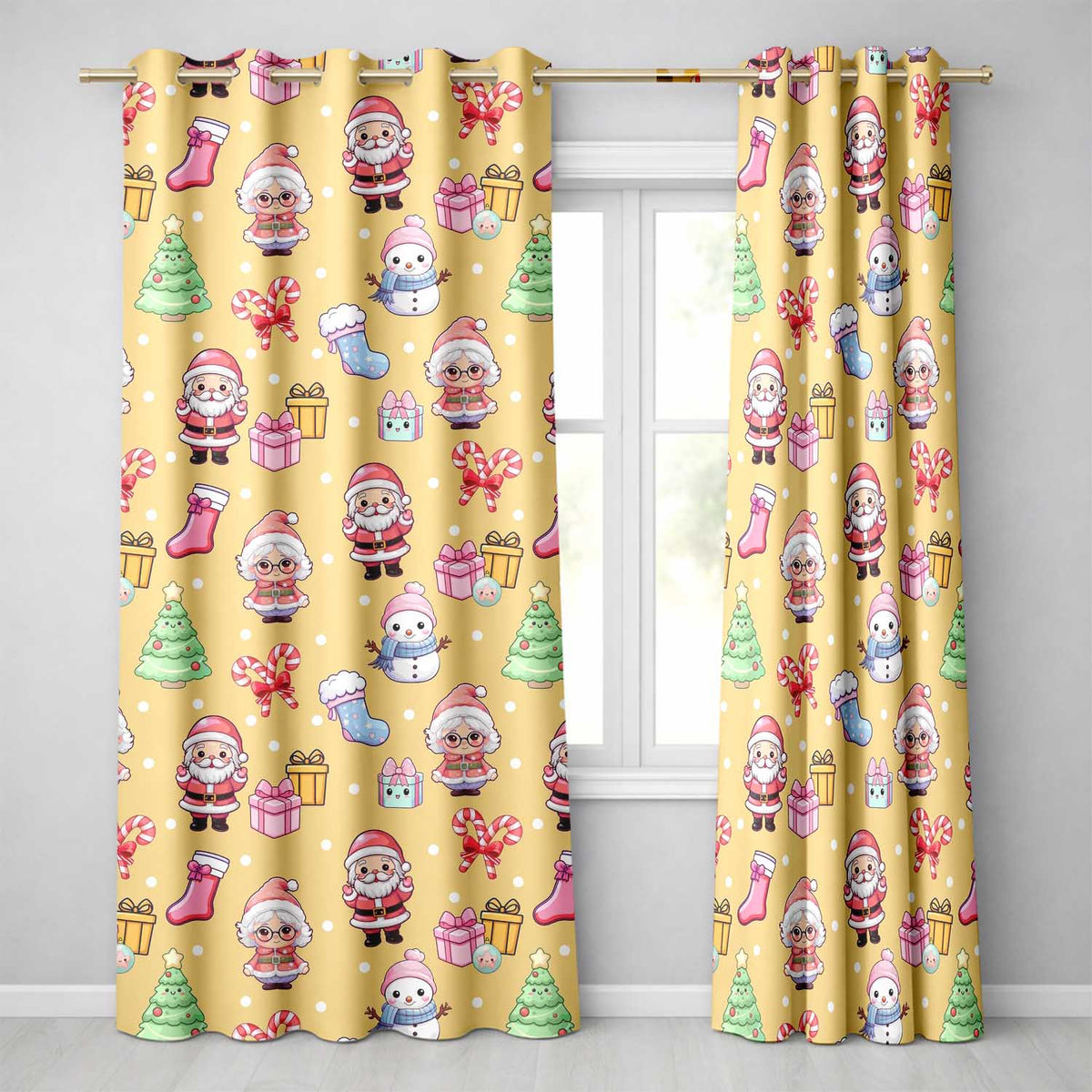 Cute Santa Snowman Gifts Candy Cane Gold Background Seamless Pattern Readymade Eyelet Ring Top Thermal 100% Blackout Curtains
