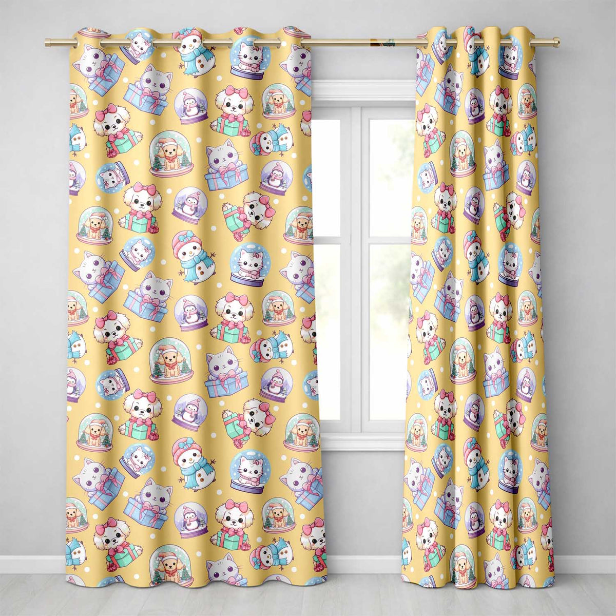Cute Christmas Kittens Puppies Snow Globes Gold Background Seamless Pattern Readymade Eyelet Ring Top Thermal 100% Blackout Curtains