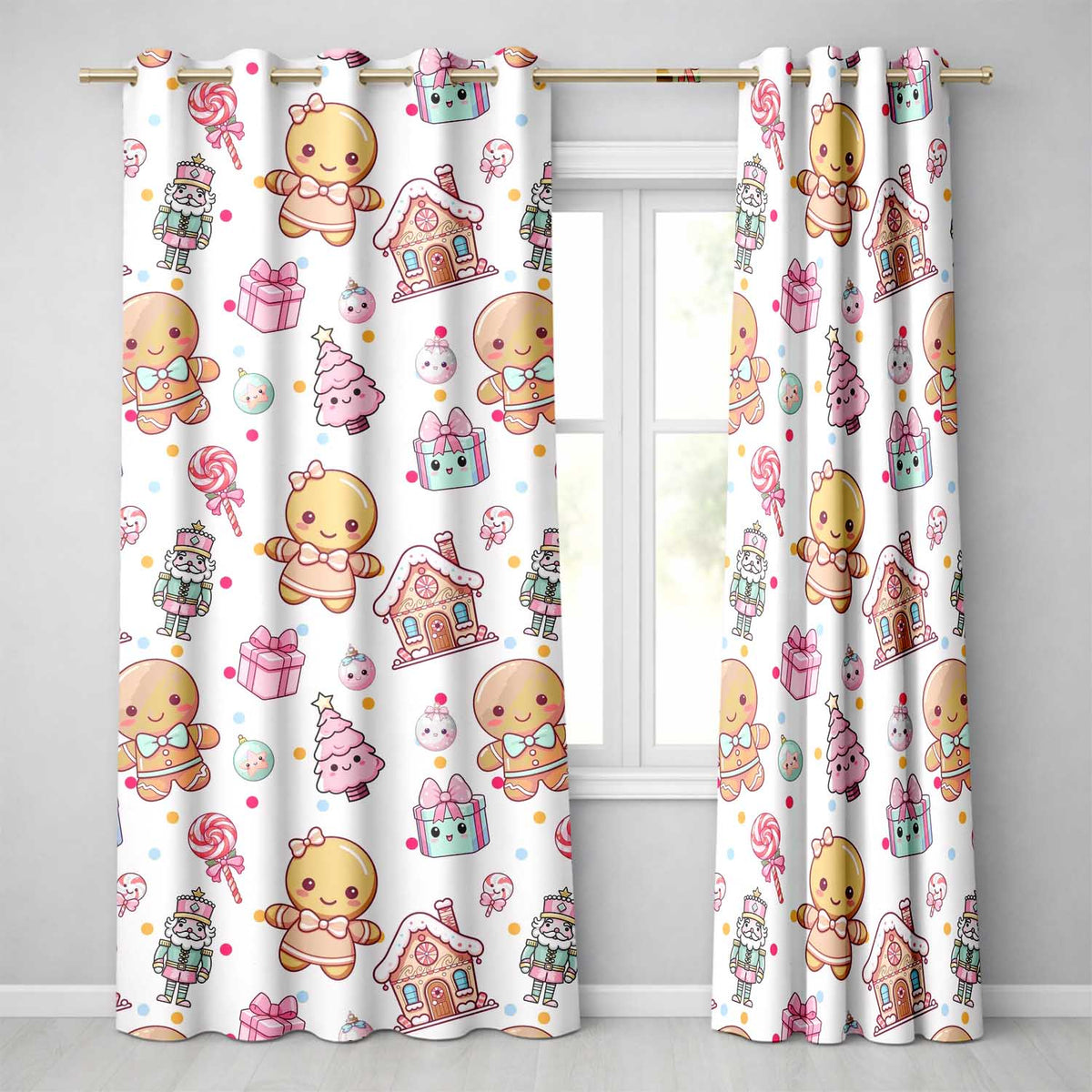 Cute Gingerbread Candy House Sweets Cream Background Seamless Pattern Readymade Eyelet Ring Top Thermal 100% Blackout Curtains