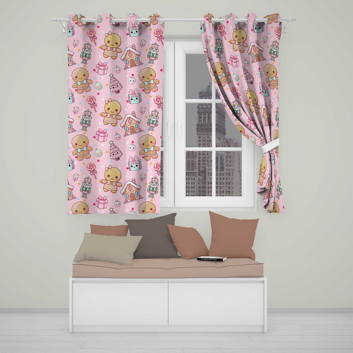 Cute Gingerbread Candy House Sweets Pink Background Seamless Pattern Readymade Eyelet Ring Top Thermal 100% Blackout Curtains