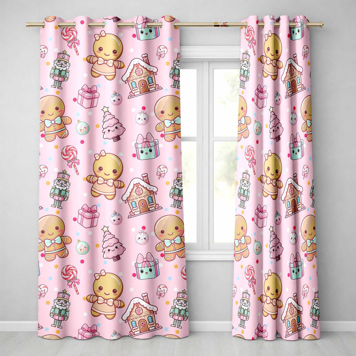Cute Gingerbread Candy House Sweets Pink Background Seamless Pattern Readymade Eyelet Ring Top Thermal 100% Blackout Curtains