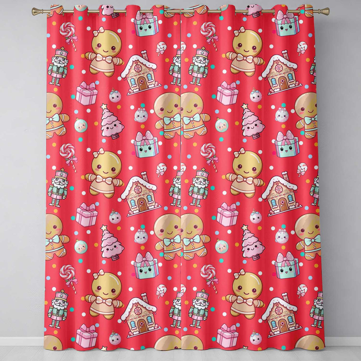 Cute Gingerbread Girl Candy House Sweets Red Background Seamless Pattern Readymade Eyelet Ring Top Thermal 100% Blackout Curtains