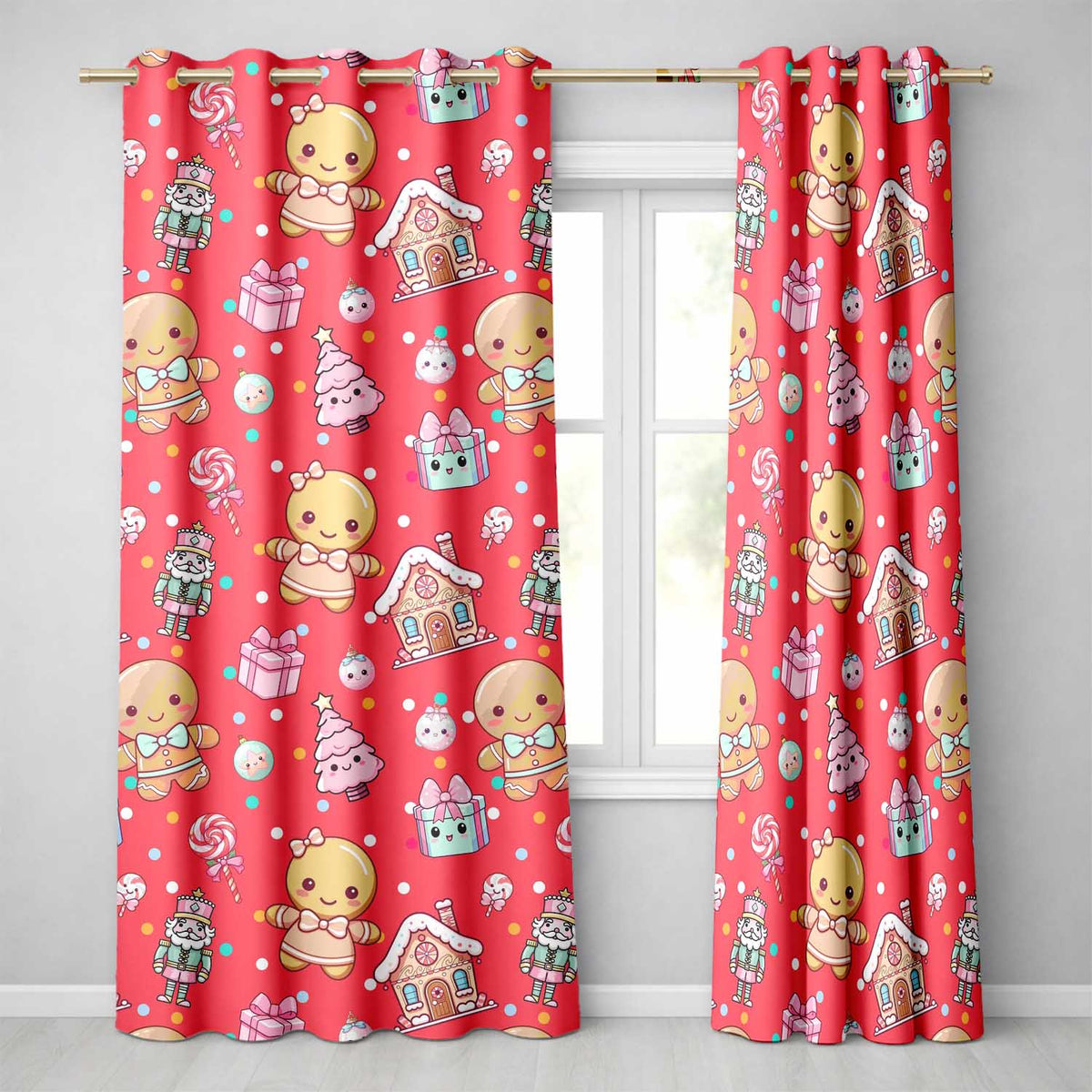 Cute Gingerbread Girl Candy House Sweets Red Background Seamless Pattern Readymade Eyelet Ring Top Thermal 100% Blackout Curtains