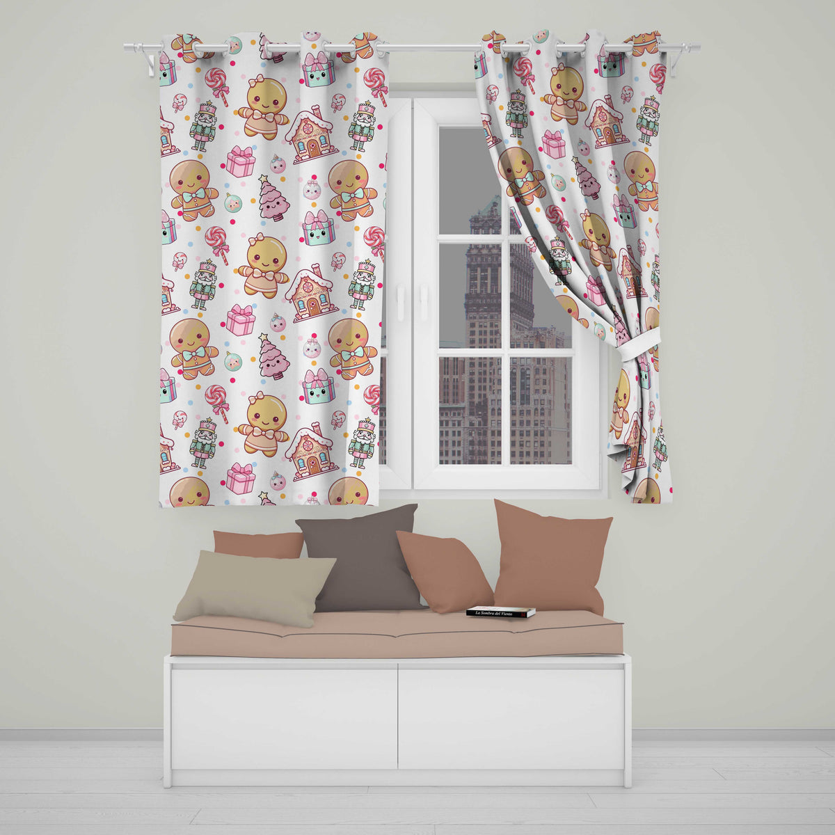 Cute Gingerbread Girl Candy House Sweets Grey Background Seamless Pattern Readymade Eyelet Ring Top Thermal 100% Blackout Curtains