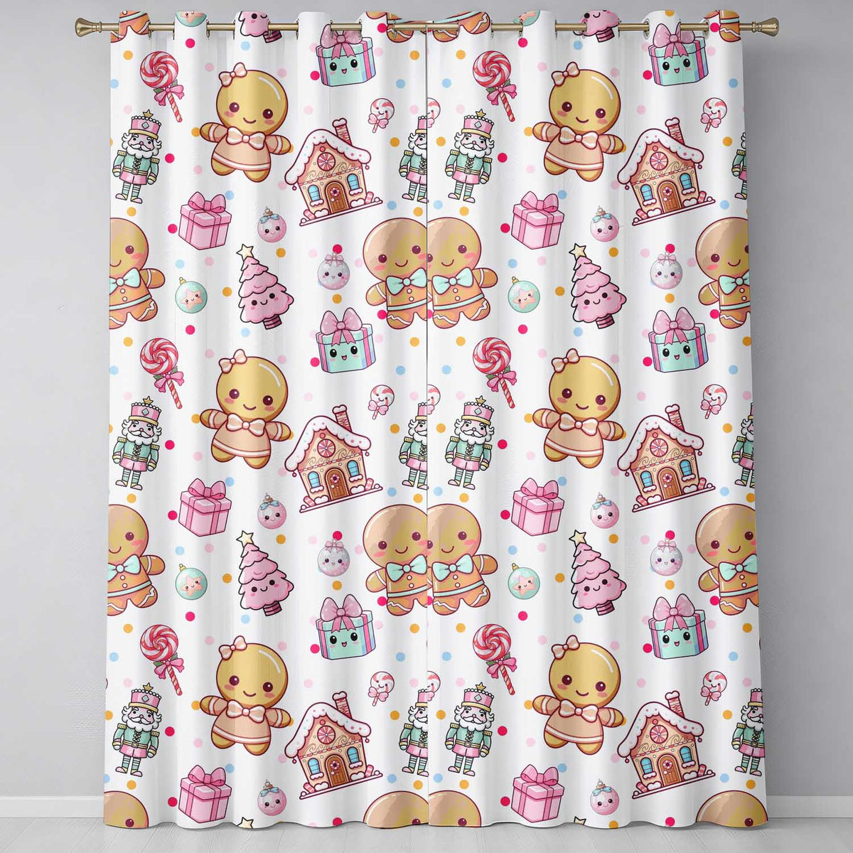 Cute Gingerbread Girl Candy House Sweets Grey Background Seamless Pattern Readymade Eyelet Ring Top Thermal 100% Blackout Curtains