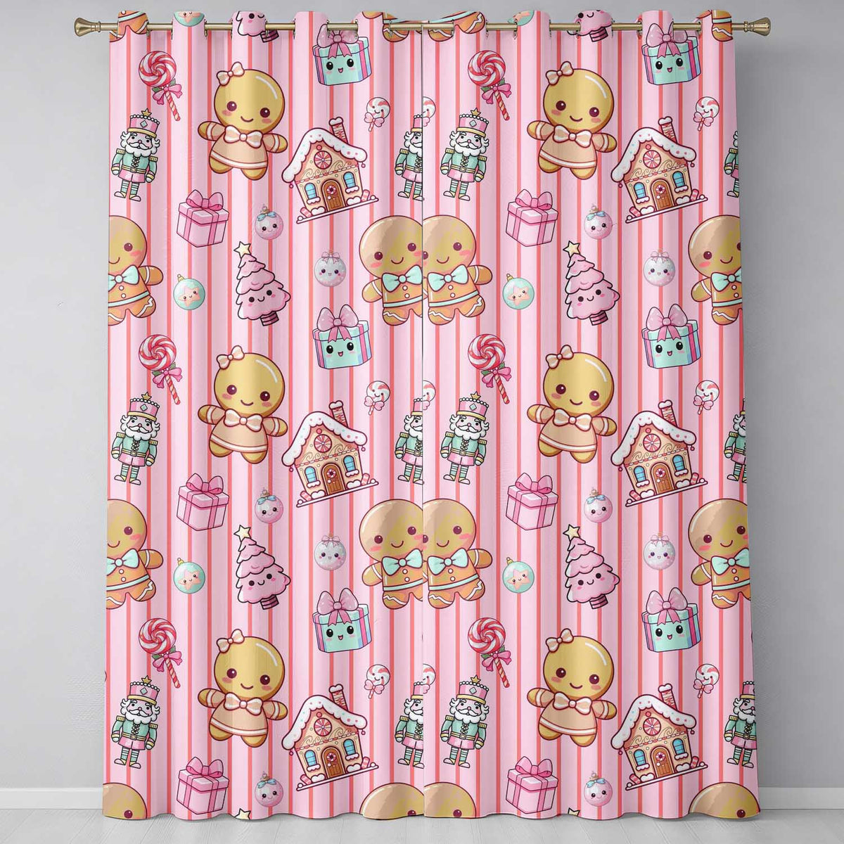 Cute Gingerbread Girl Candy House Sweet Pink Stripe Background Seamless Pattern Readymade Eyelet Ring Top Thermal 100% Blackout Curtains