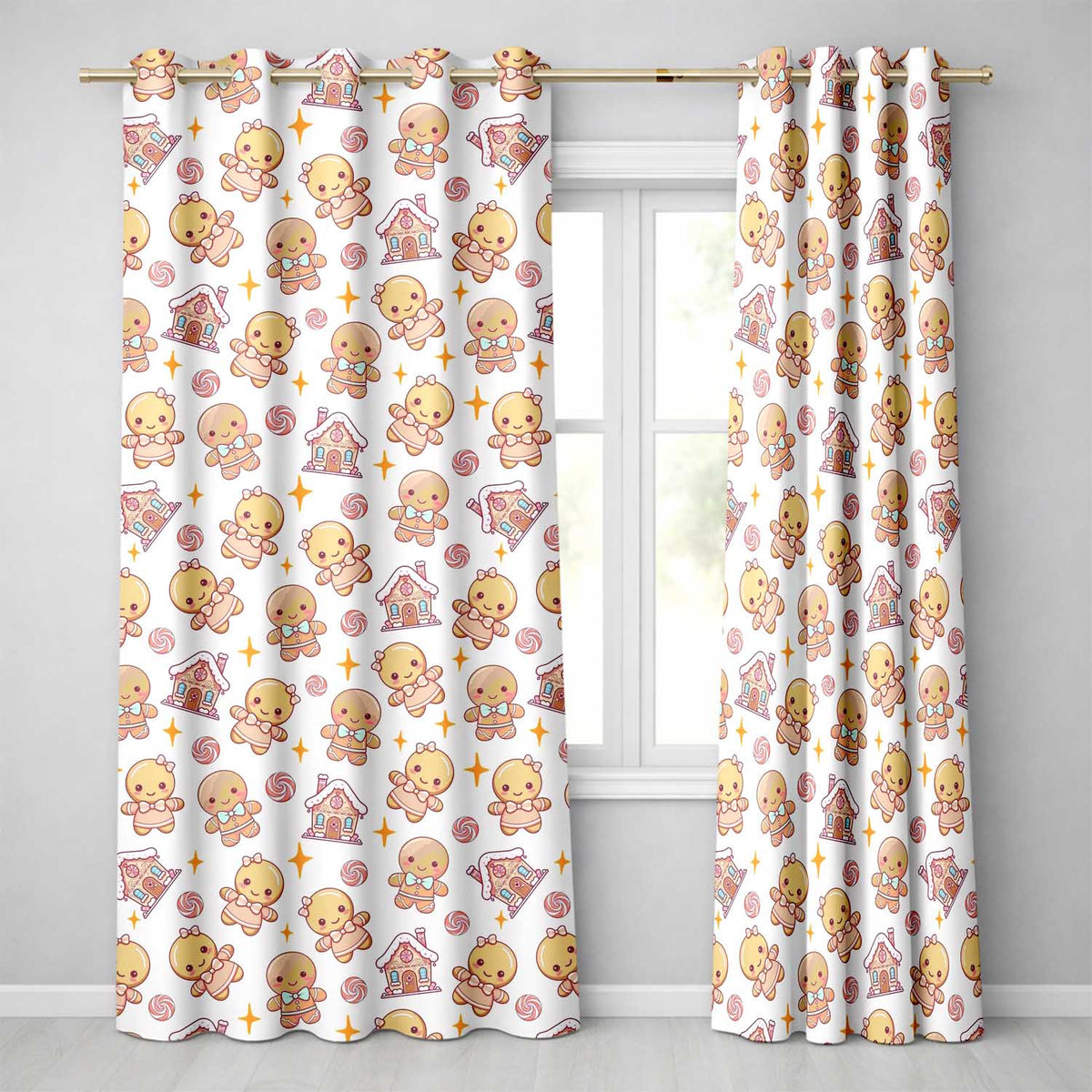 Cute Gingerbread Cookies Candy House Sweets Cream Background Seamless Pattern Readymade Eyelet Ring Top Thermal 100% Blackout Curtains