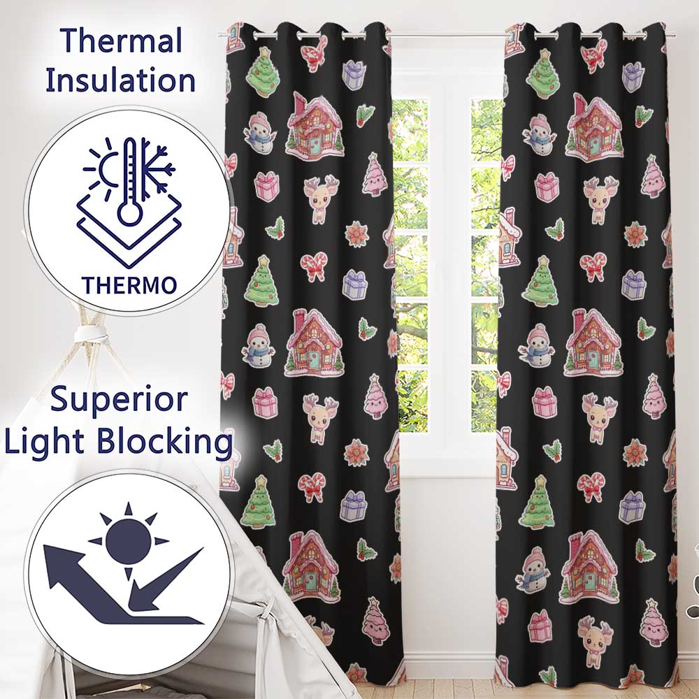 Christmas Gingerbread House Snowman Deer Seamless Pattern Black Background Readymade Eyelet Ring Top Thermal 100% Blackout Curtains