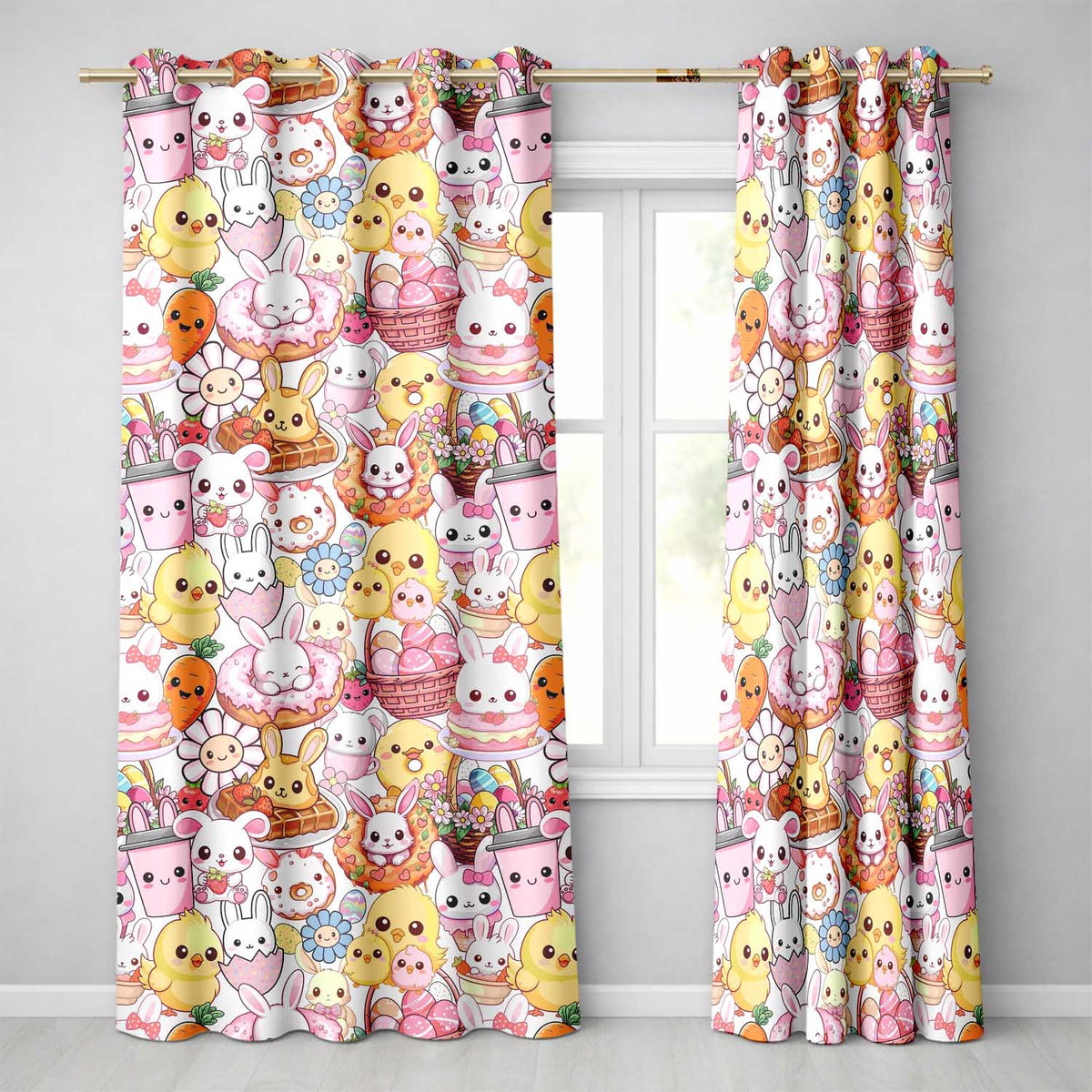 Cute Chick Donut Flower Kawaii Spring Sweet Seamless Pattern Readymade Eyelet Ring Top Thermal 100% Blackout Curtains
