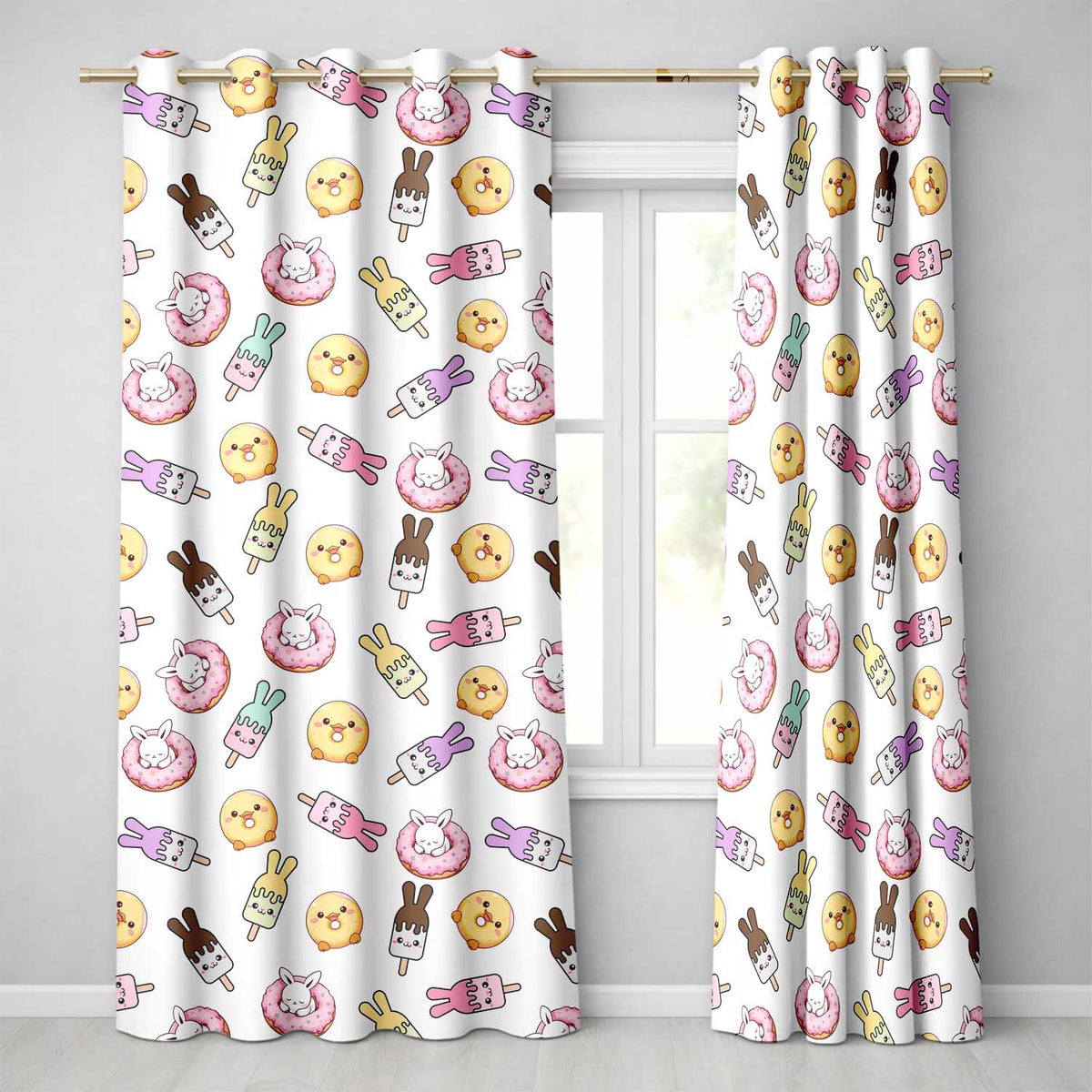 Cute Bunny Ice Cream Donut Dessert Sweet Kawaii Seamless Pattern Readymade Eyelet Ring Top Thermal 100% Blackout Curtains