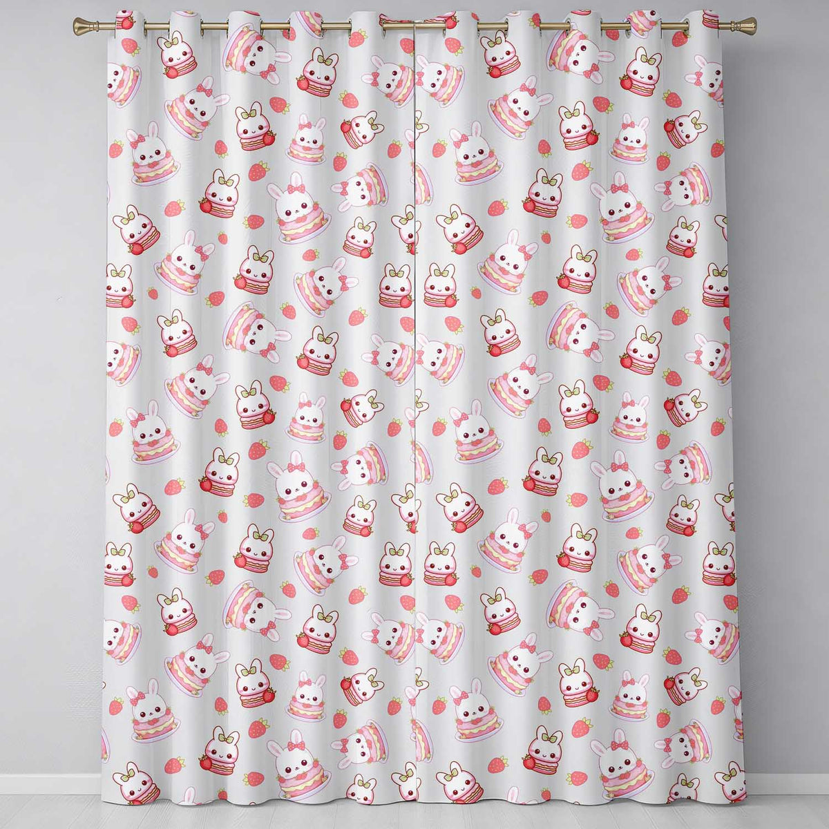 Cute Strawberry Bunny Macaron Dessert Kawaii Cream Background Seamless Pattern Readymade Eyelet Ring Top Thermal 100% Blackout Curtains