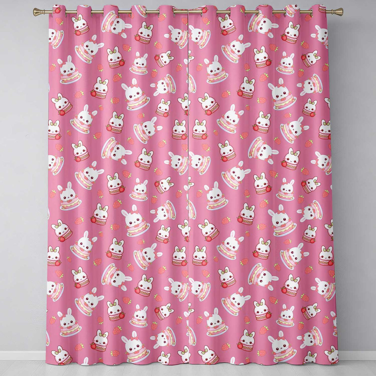 Cute Strawberry Bunny Macaron Dessert Kawaii Pink Background Seamless Pattern Readymade Eyelet Ring Top Thermal 100% Blackout Curtains