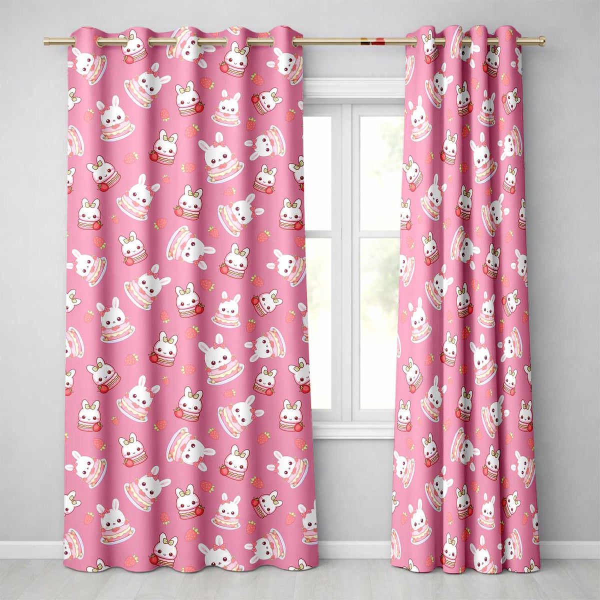 Cute Strawberry Bunny Macaron Dessert Kawaii Pink Background Seamless Pattern Readymade Eyelet Ring Top Thermal 100% Blackout Curtains