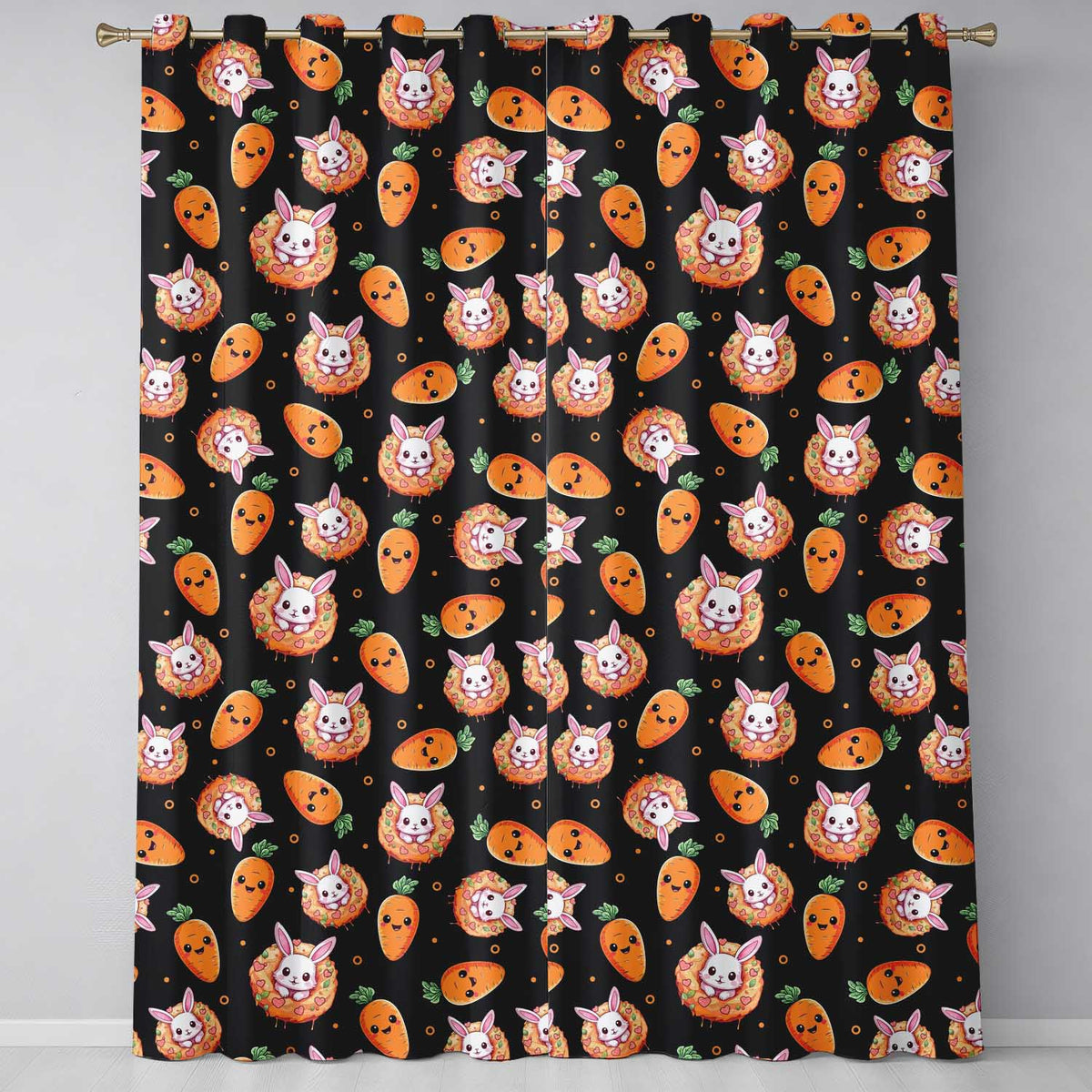 Cute Carrot Bunny Donut Easter Dessert Black Background Seamless Pattern Readymade Eyelet Ring Top Thermal 100% Blackout Curtains
