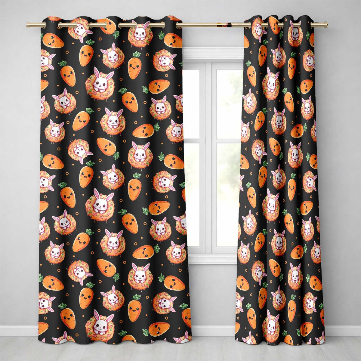 Cute Carrot Bunny Donut Easter Dessert Black Background Seamless Pattern Readymade Eyelet Ring Top Thermal 100% Blackout Curtains