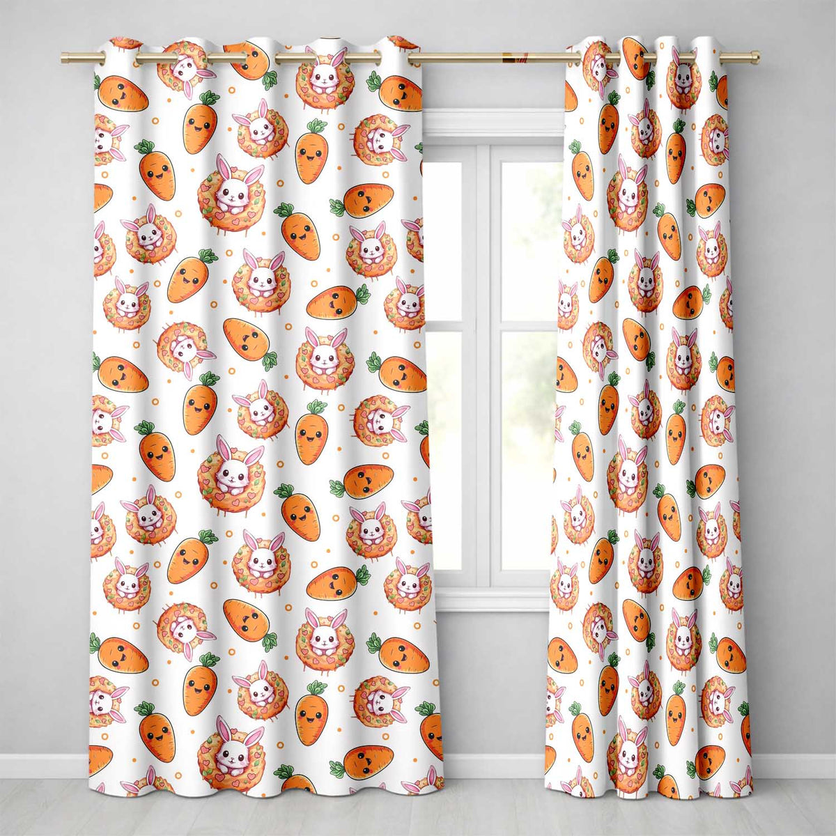 Cute Bunny Donut Carrot Kawaii Easter Dessert Grey Background Seamless Pattern Readymade Eyelet Ring Top Thermal 100% Blackout Curtains
