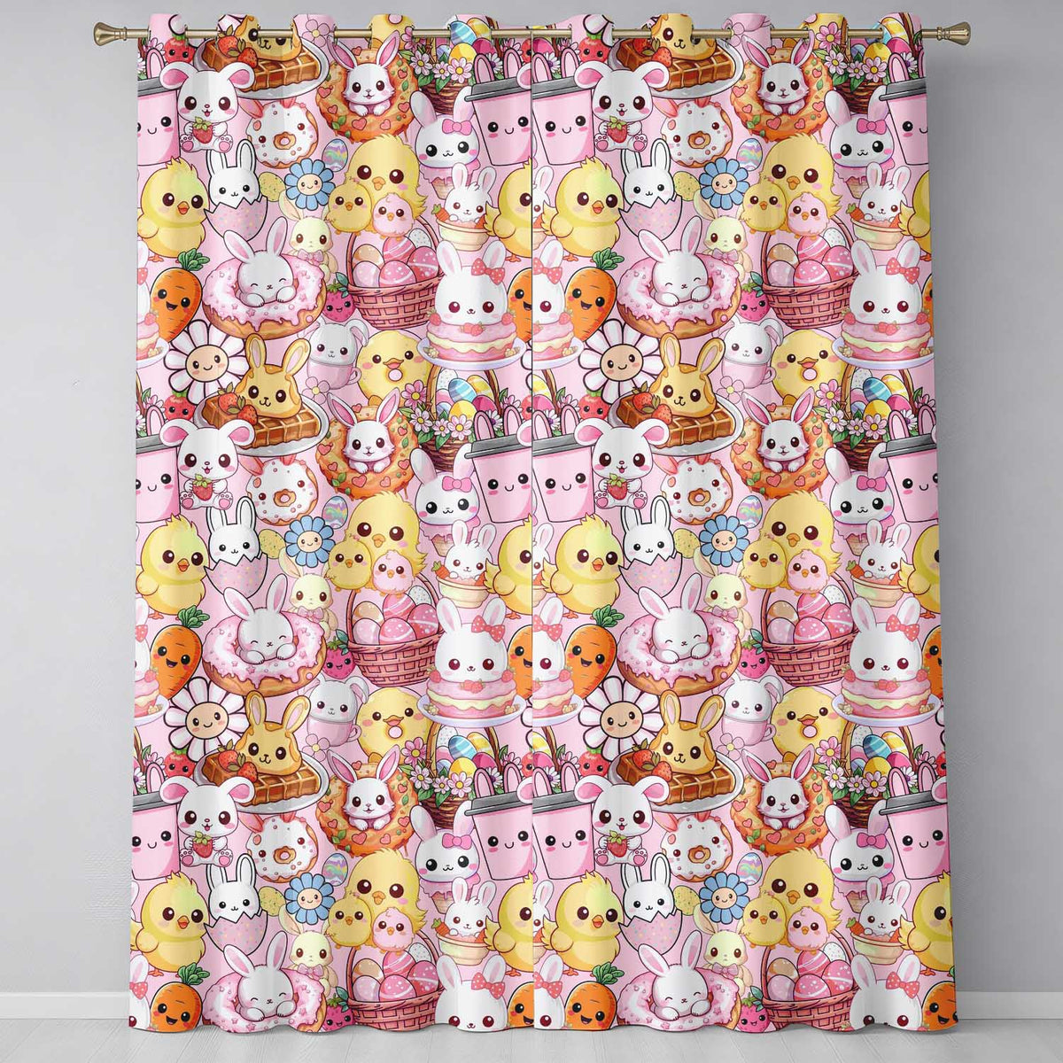 Cute Easter Bunny Chick Donut Basket Kawaii Pink Background Seamless Pattern Readymade Eyelet Ring Top Thermal 100% Blackout Curtains