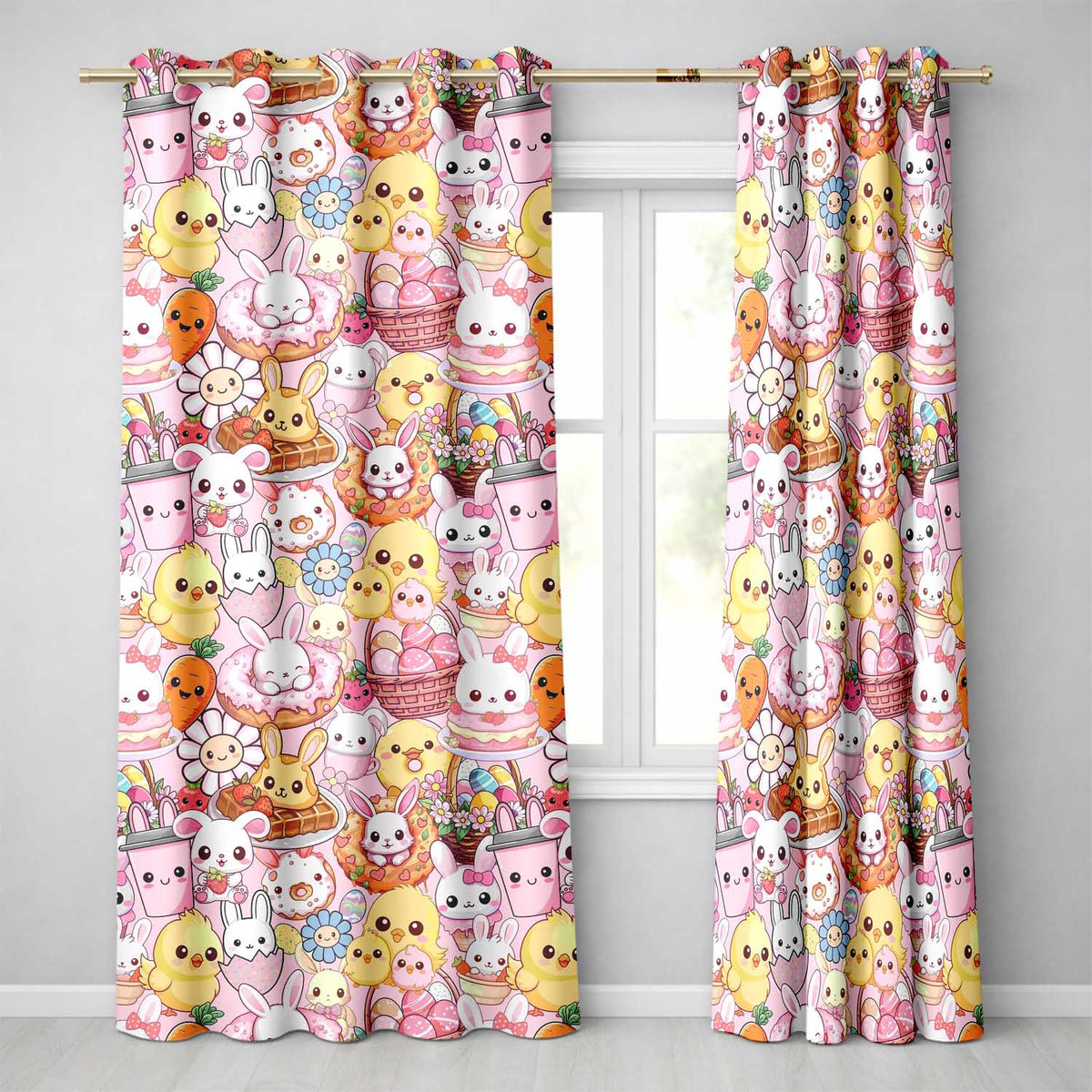 Cute Easter Bunny Chick Donut Basket Kawaii Pink Background Seamless Pattern Readymade Eyelet Ring Top Thermal 100% Blackout Curtains