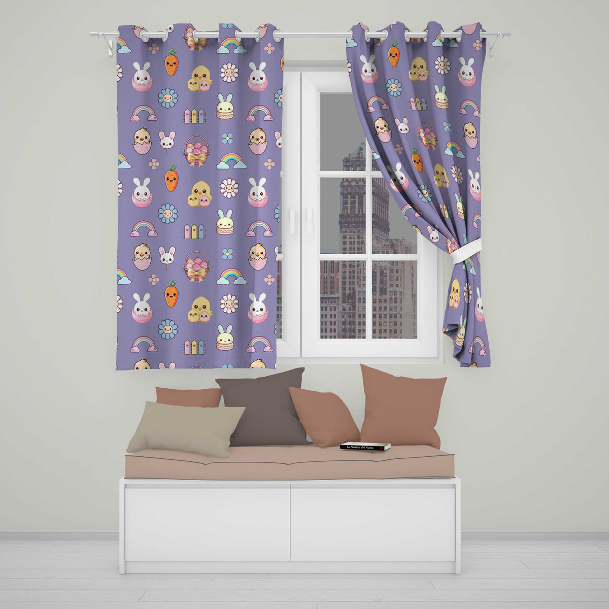 Easter Chick Bunny Carrot Rainbow Flower Purple Background Seamless Pattern Readymade Eyelet Ring Top Thermal 100% Blackout Curtains