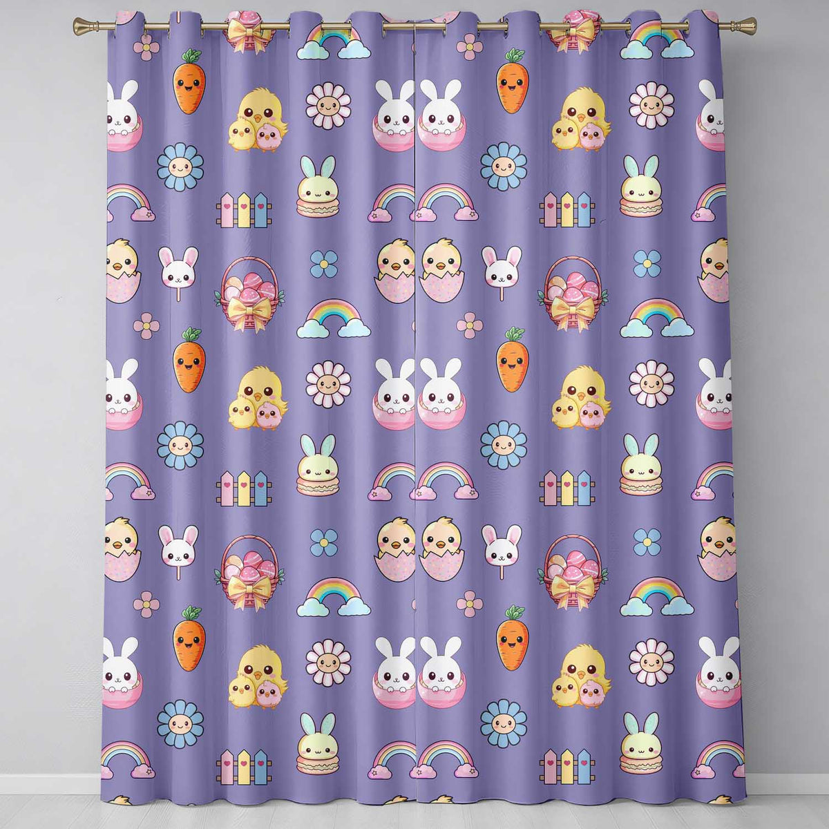Easter Chick Bunny Carrot Rainbow Flower Purple Background Seamless Pattern Readymade Eyelet Ring Top Thermal 100% Blackout Curtains