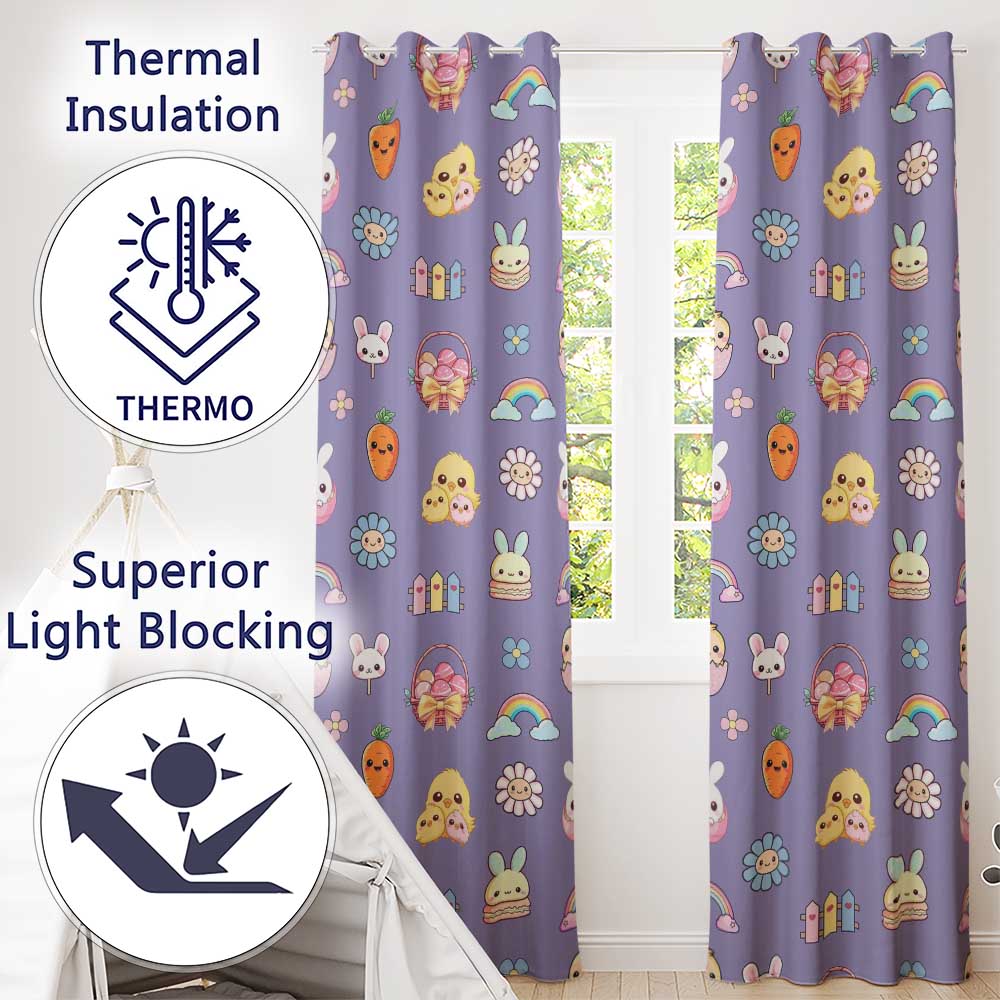 Easter Chick Bunny Carrot Rainbow Flower Purple Background Seamless Pattern Readymade Eyelet Ring Top Thermal 100% Blackout Curtains