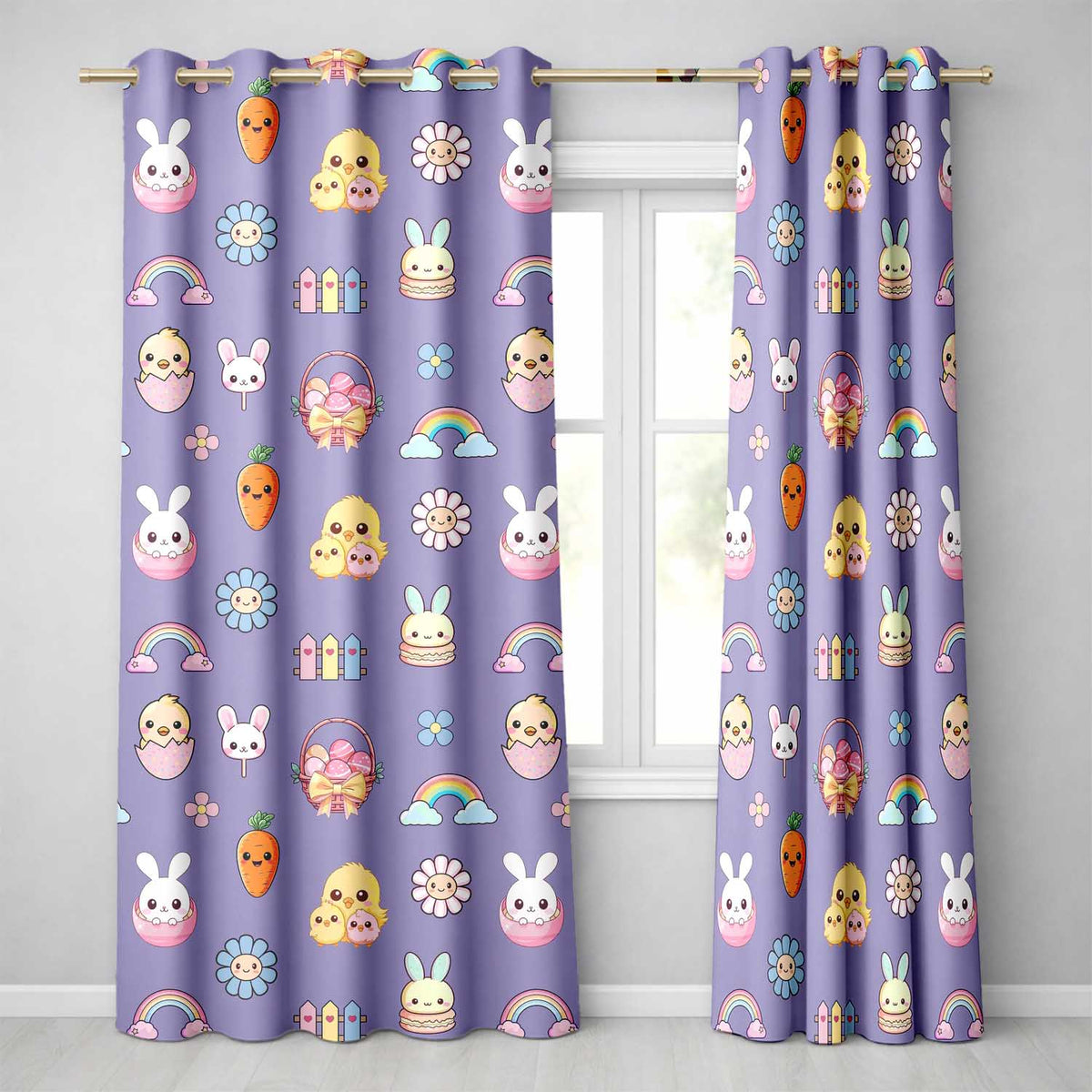 Easter Chick Bunny Carrot Rainbow Flower Purple Background Seamless Pattern Readymade Eyelet Ring Top Thermal 100% Blackout Curtains