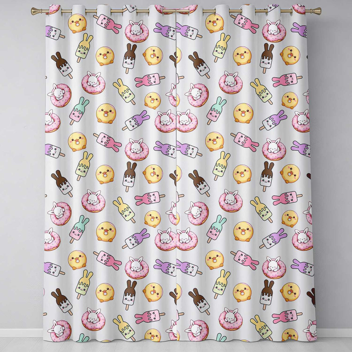 Cute Easter Bunny Ice Cream Donut Chick Kawaii Cream Background Seamless Pattern Readymade Eyelet Ring Top Thermal 100% Blackout Curtains