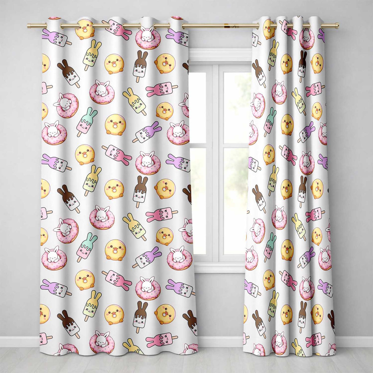 Cute Easter Bunny Ice Cream Donut Chick Kawaii Cream Background Seamless Pattern Readymade Eyelet Ring Top Thermal 100% Blackout Curtains