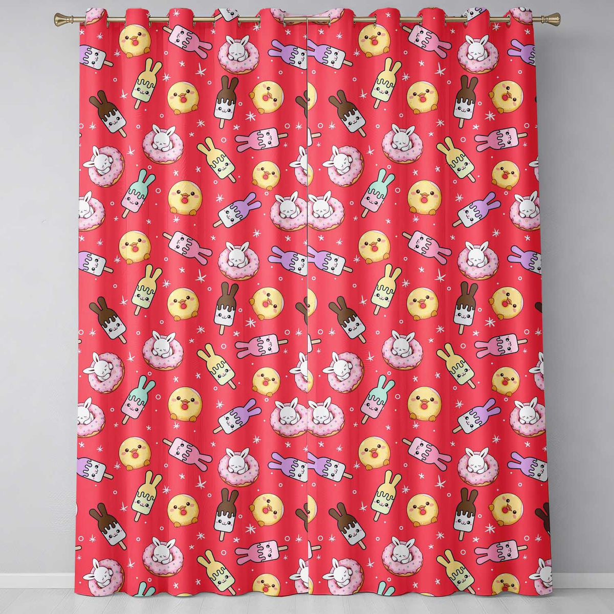 Cute Easter Bunny Ice Cream Donut Chick Kawaii Red Star Background Seamless Pattern Readymade Eyelet Ring Top Thermal 100% Blackout Curtains