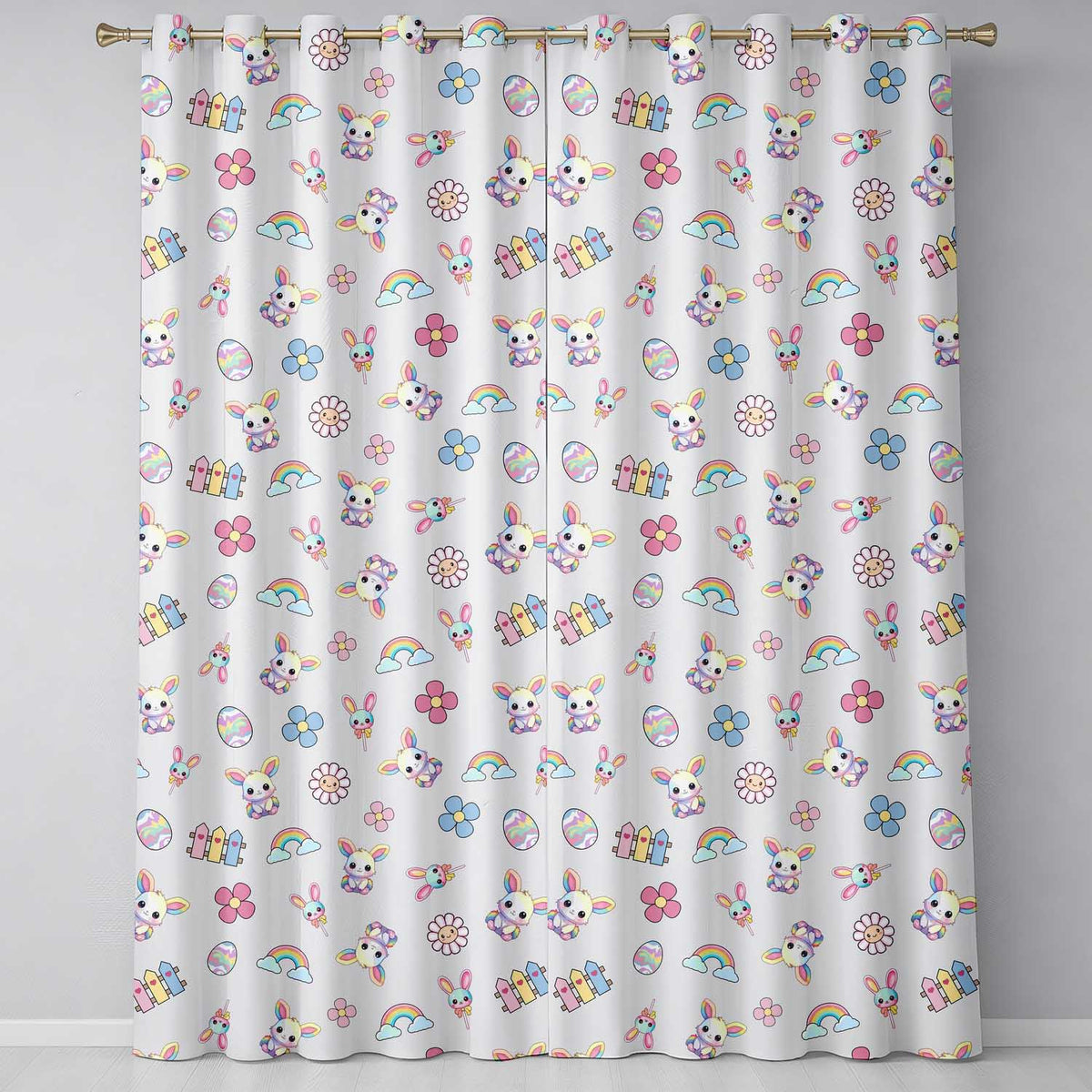 Cute Rainbow Bunny Flower Egg Pastel Kawaii Cream Background Seamless Pattern Readymade Eyelet Ring Top Thermal 100% Blackout Curtains
