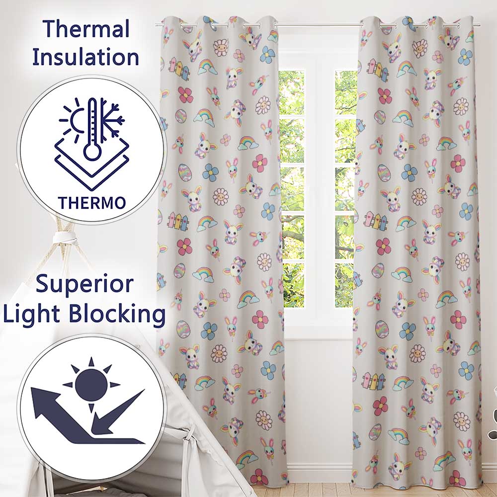 Cute Rainbow Bunny Flower Egg Pastel Kawaii Cream Background Seamless Pattern Readymade Eyelet Ring Top Thermal 100% Blackout Curtains