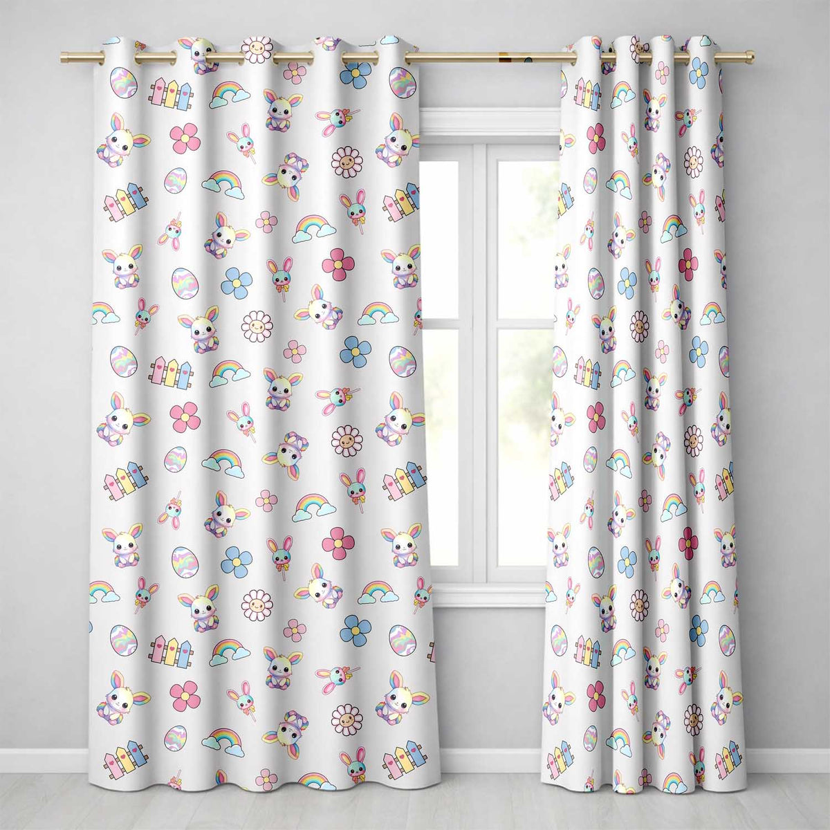 Cute Rainbow Bunny Flower Egg Pastel Kawaii Cream Background Seamless Pattern Readymade Eyelet Ring Top Thermal 100% Blackout Curtains