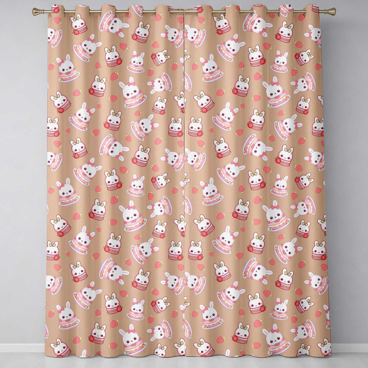 Cute Strawberry Bunny Cake Dessert Kawaii Peach Background Seamless Pattern Readymade Eyelet Ring Top Thermal 100% Blackout Curtains