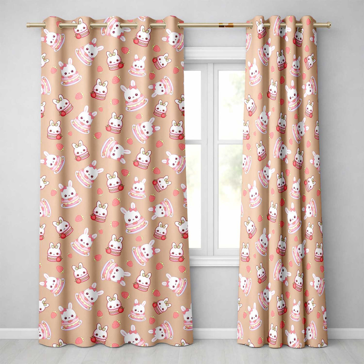 Cute Strawberry Bunny Cake Dessert Kawaii Peach Background Seamless Pattern Readymade Eyelet Ring Top Thermal 100% Blackout Curtains