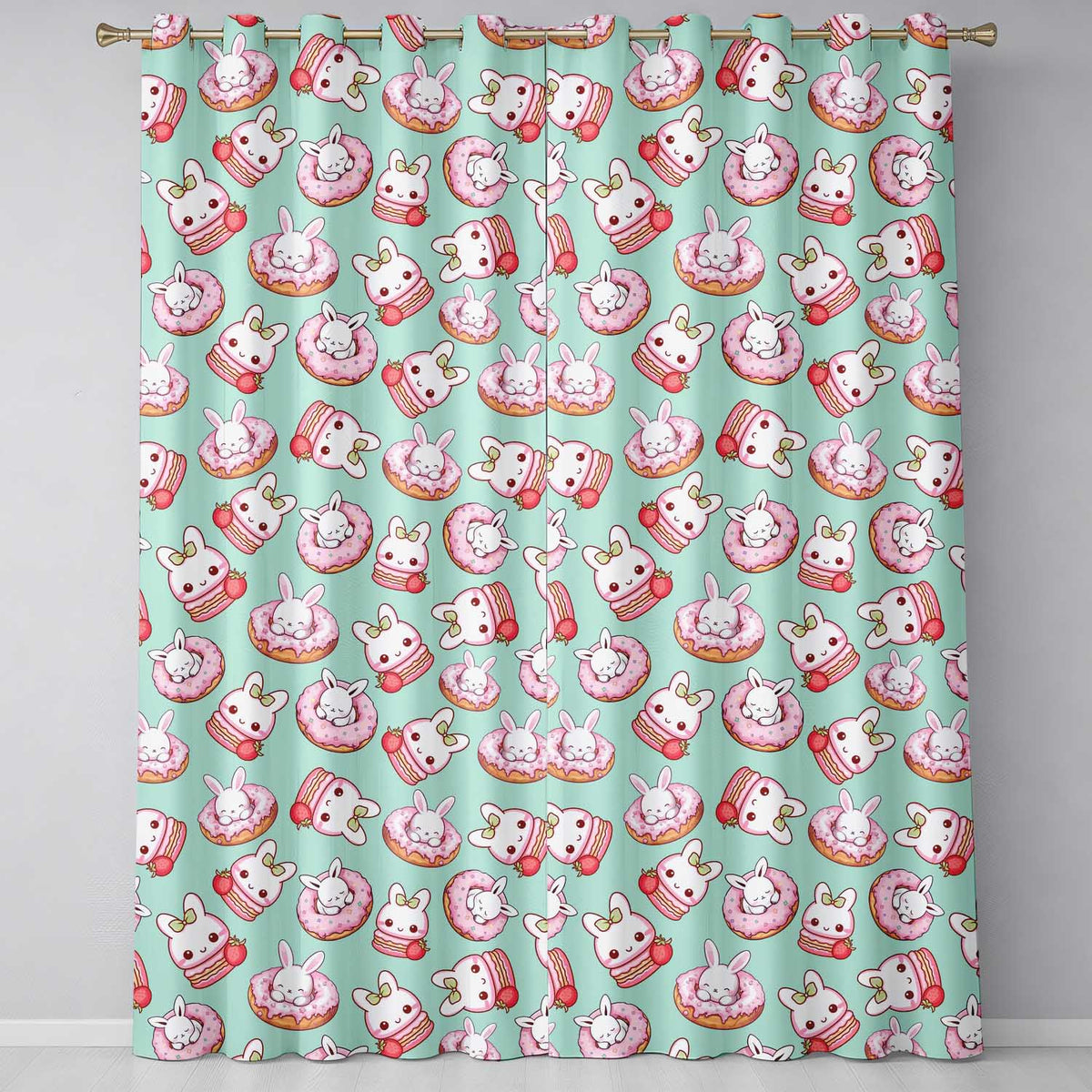 Cute Bunny Donut Dessert Kawaii Mint Background Seamless Pattern Readymade Eyelet Ring Top Thermal 100% Blackout Curtains
