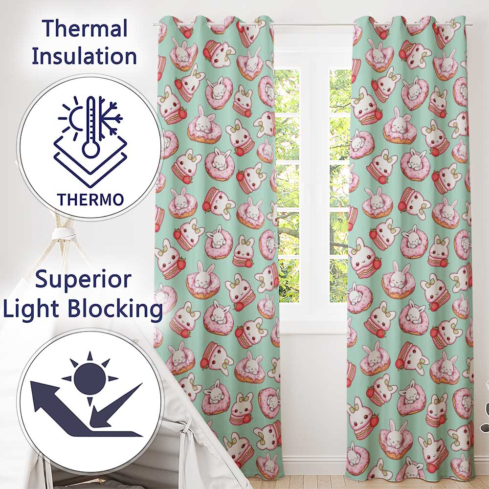 Cute Bunny Donut Dessert Kawaii Mint Background Seamless Pattern Readymade Eyelet Ring Top Thermal 100% Blackout Curtains