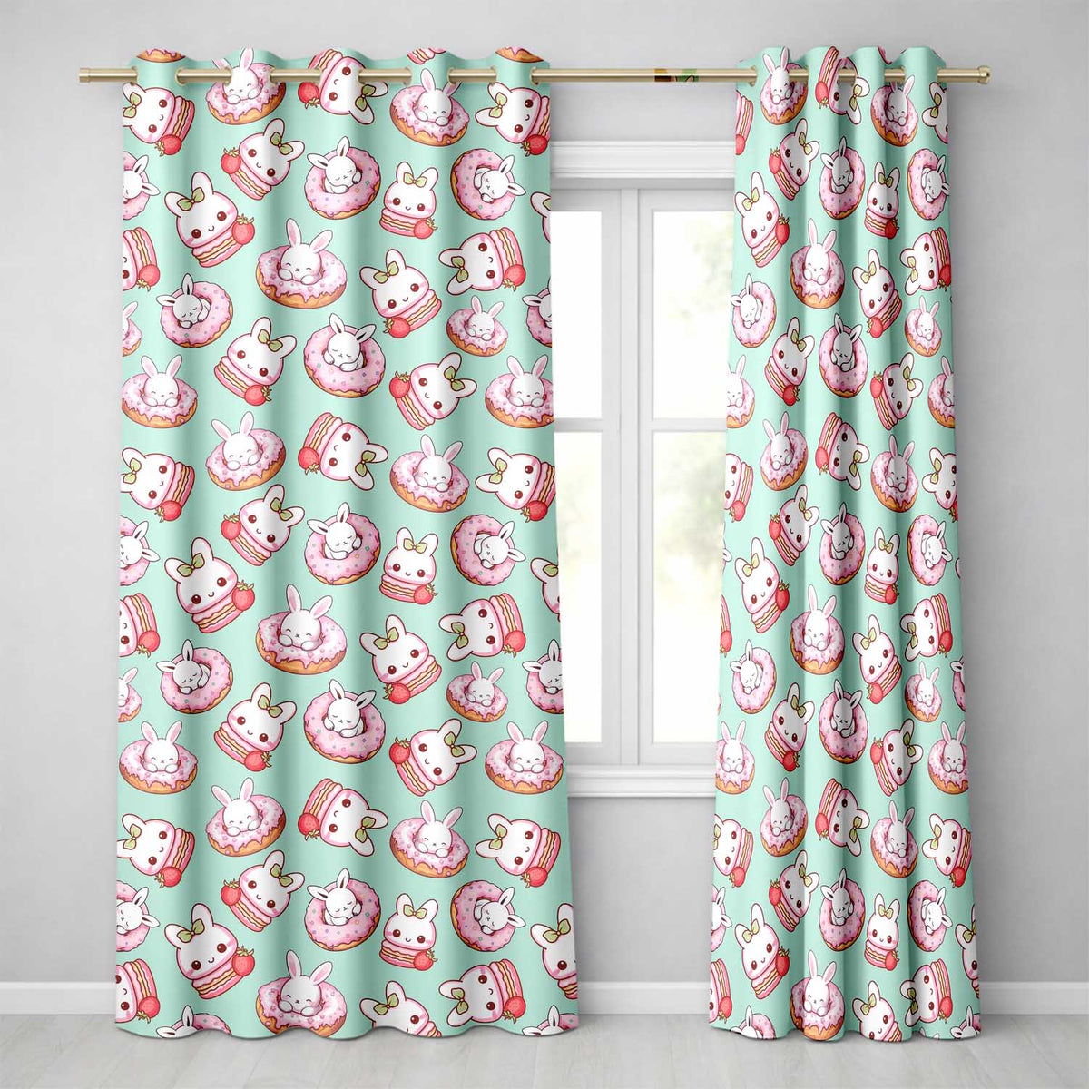 Cute Bunny Donut Dessert Kawaii Mint Background Seamless Pattern Readymade Eyelet Ring Top Thermal 100% Blackout Curtains