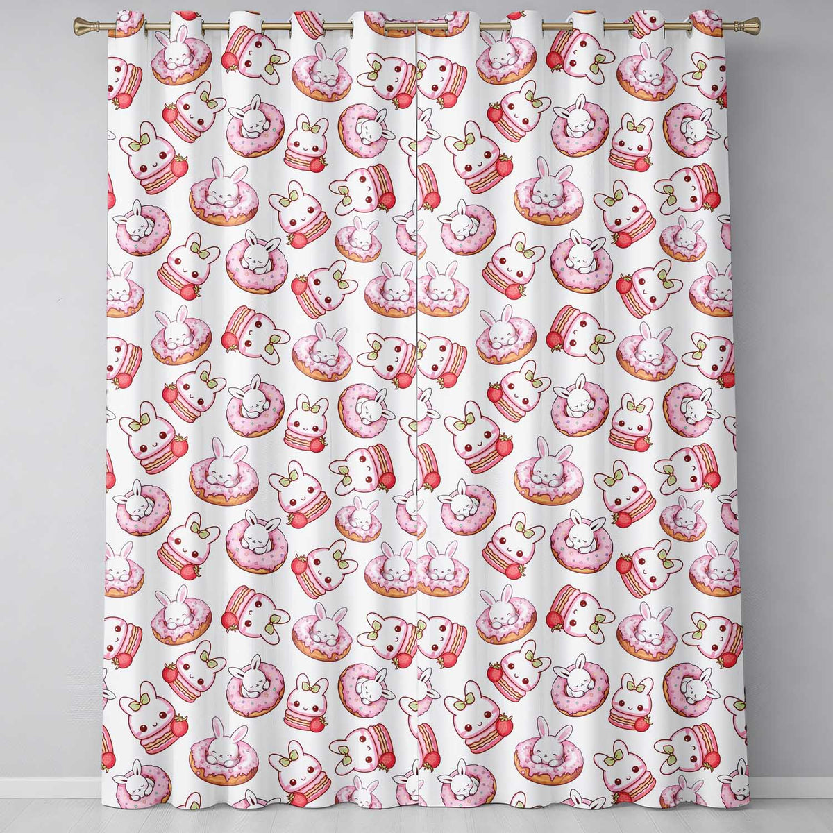 Cute Bunny Donut Dessert Kawaii Grey Background Seamless Pattern Readymade Eyelet Ring Top Thermal 100% Blackout Curtains
